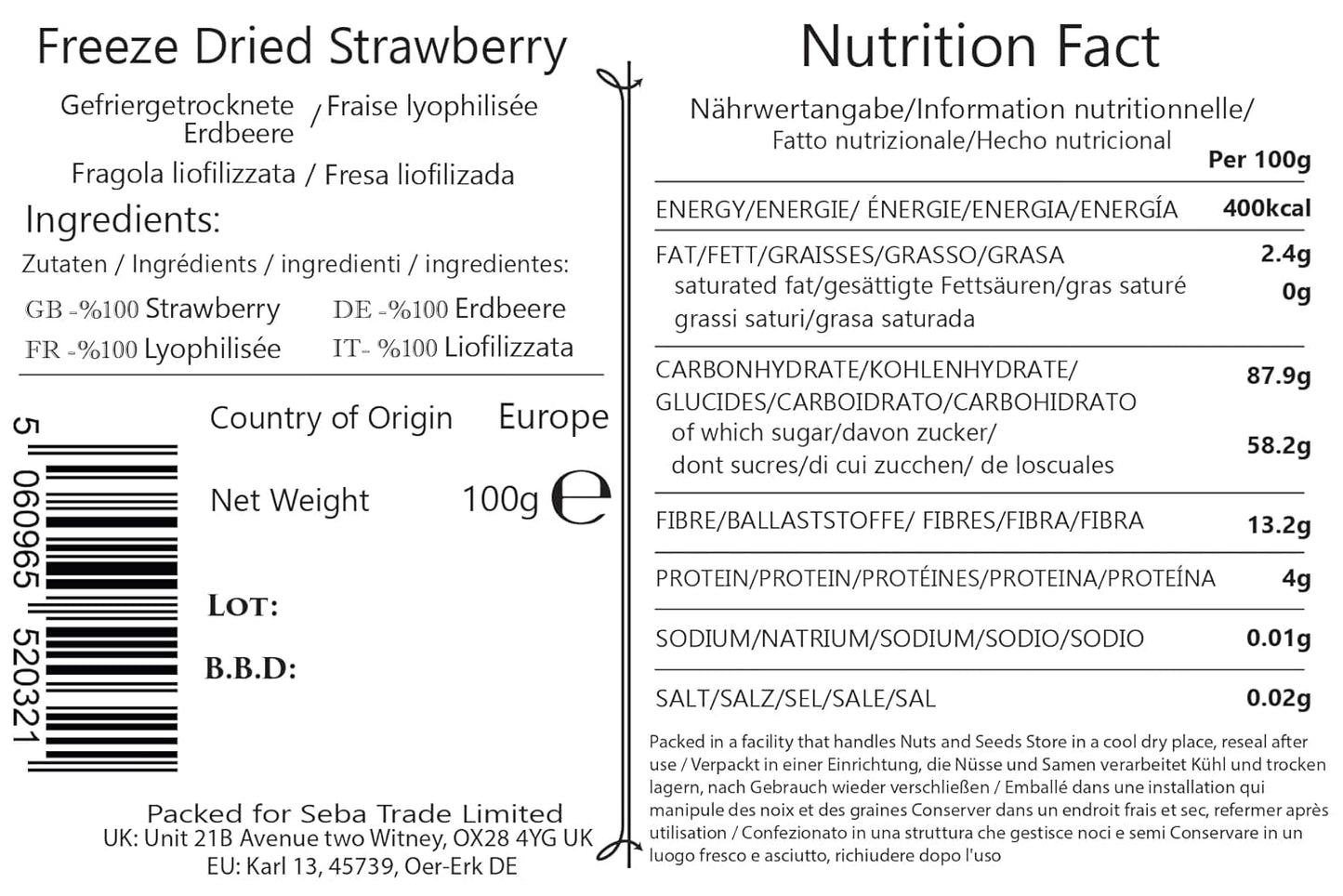 Seba Garden Premium mrazem sušené jahody, lahodné středomořské jahody, bez GMO a veganské (100 g) Sušené produkty Můj obchod
