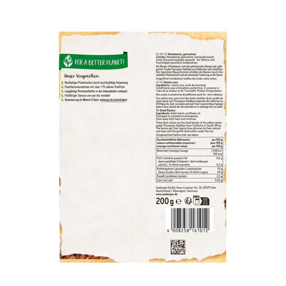 Seeberger Blue Sultanas 13 Pack: Sladké a šťavnaté Thompson hroznové sultánky bez pecek – na pečení, vaření a svačinu – sušené na slunci – nesířené, veganské (13 x 200 g) Naty Shop Dehydratované produkty