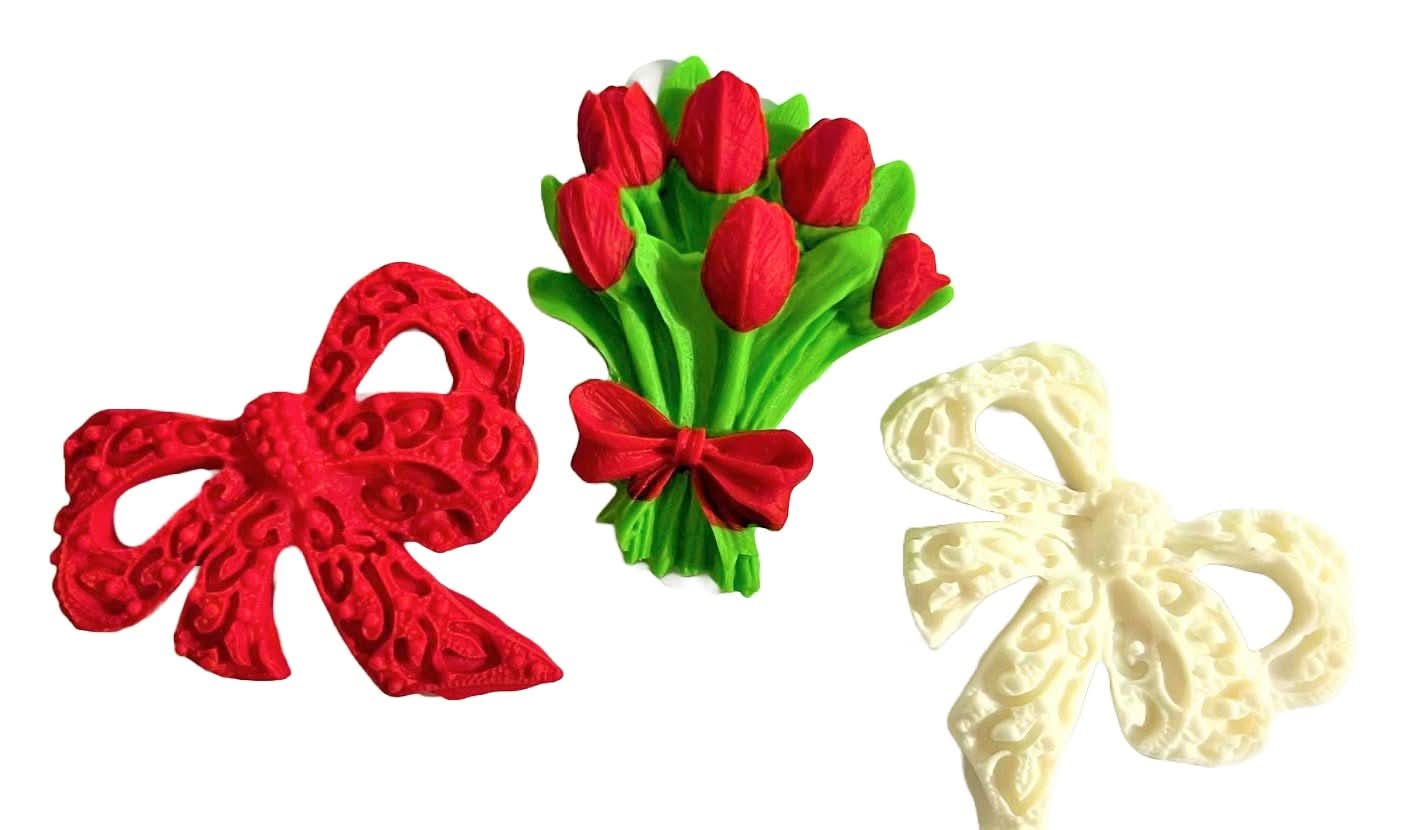 Sada 3 jedlých cukrových dekorací, Kytice tulipánů a mašliček Dekorace z Cukrové pasty Nati Shop