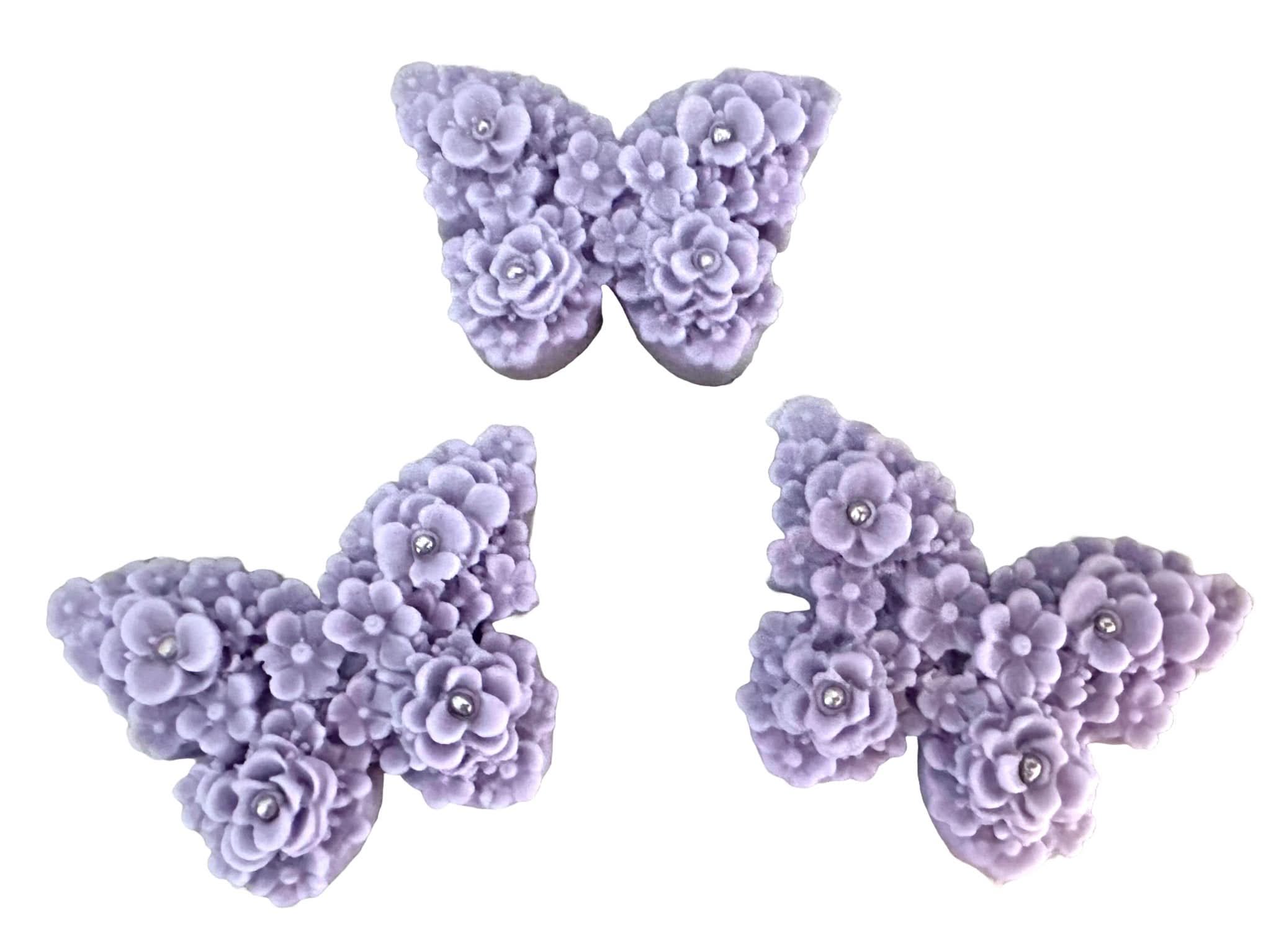Sada 3 jedlých cukrových dekorací, Dekorace z cukrové pasty Purple Lilac Butterflies Nati Shop