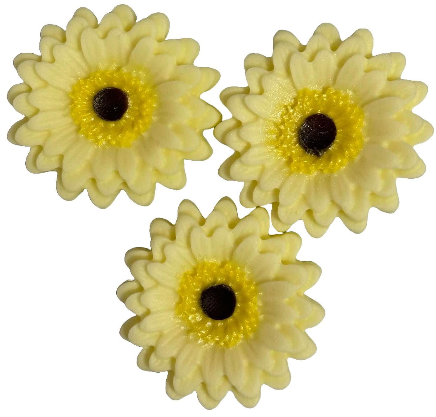 Sada 3 jedlých cukrových dekorací, světle žluté ozdoby Gerbera z Sugar Paste Nati Shop