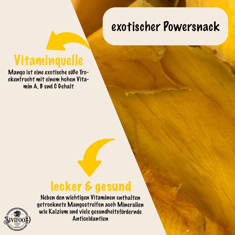 SIVIFOOD sušené mango 1kg - sušené mango nudličky exotické sušené ovoce nesířené bez přidaného cukru přírodní přírodní vegan bohaté na vitamíny sušené mango vitaminizované ovocné přesnídávky 1000g Dehydrované produkty Naty Shop