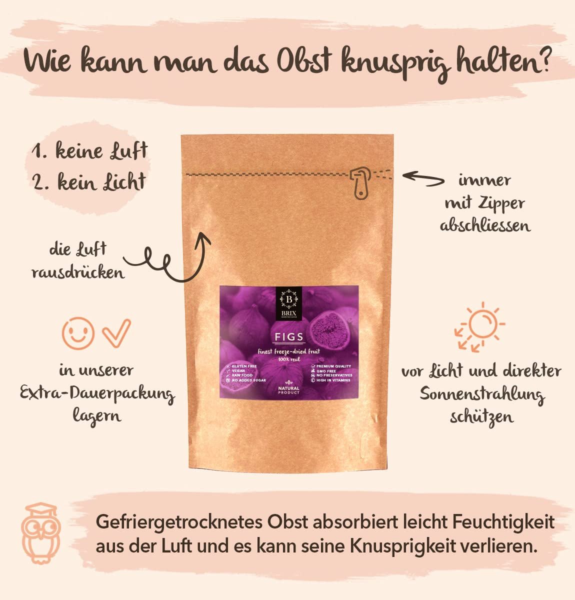Lyofilizované fíky BRIX | Přírodní, sušené fíky 95 g | Great Taste Award za sušené ovoce, sušené | Bez GMO, Bezlepkové, Veganské, Zadržené vitamíny Naty Shop Dehydratované produkty