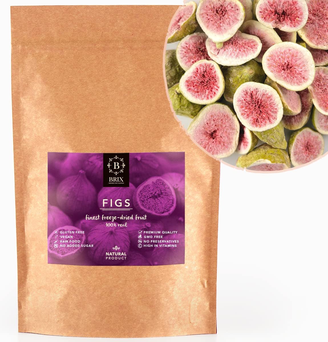 Lyofilizované fíky BRIX | Přírodní, sušené fíky 95 g | Great Taste Award za sušené ovoce, sušené | Bez GMO, Bezlepkové, Veganské, Zadržené vitamíny Naty Shop Dehydratované produkty Výchozí název