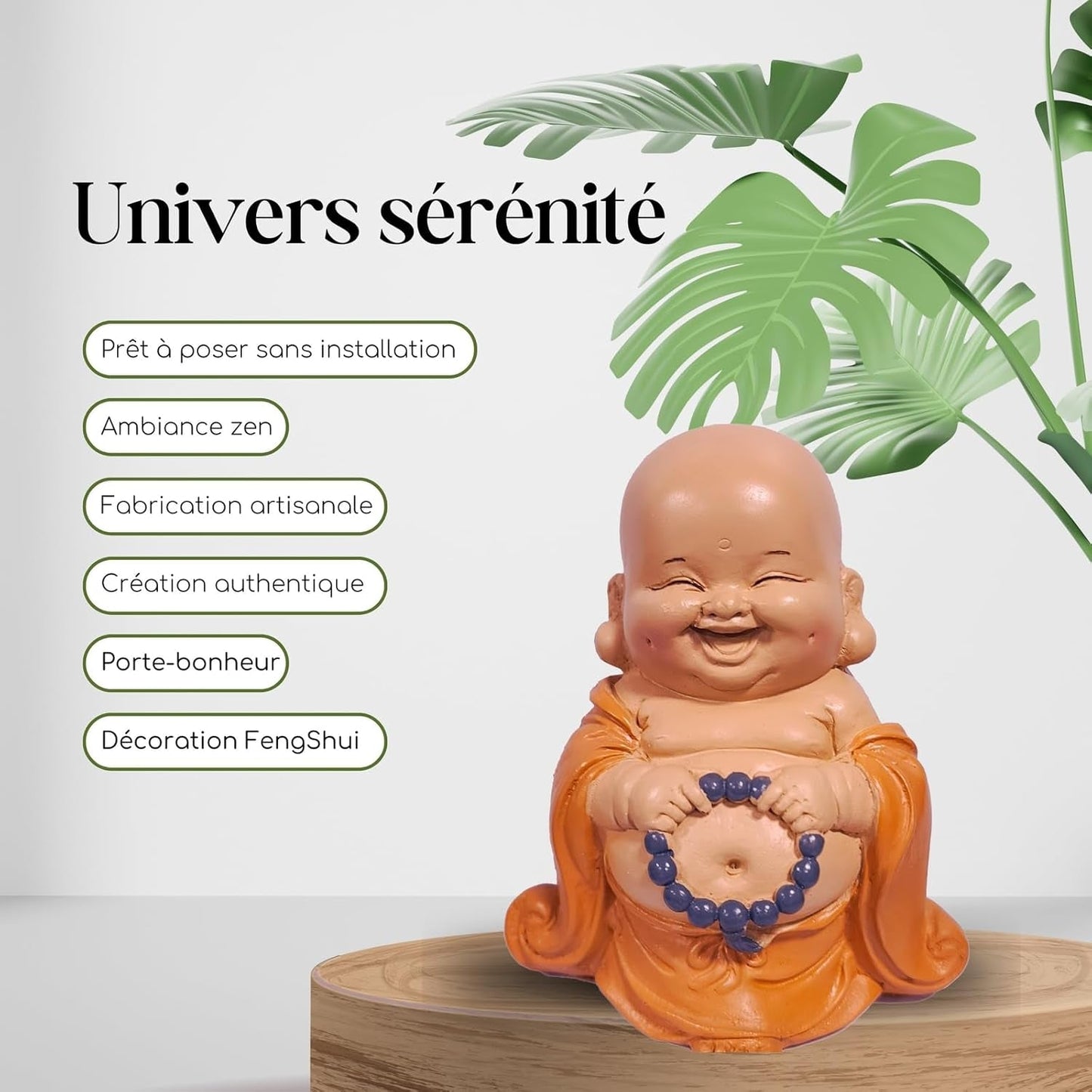 Socha smějícího se Buddhy s růžencem - Inspirativní a veselá figurka - Talisman pro štěstí plný pozitivity - Roztomilý a duchovní tip na dárek - -V 10 cm - Sochy a sochy Zen'Light Naty Shop