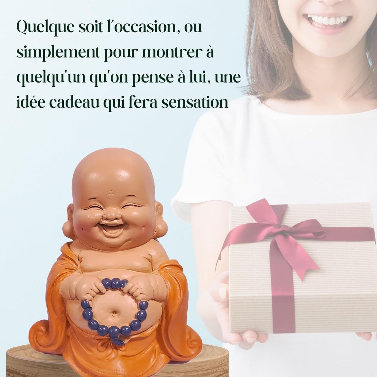 Socha smějícího se Buddhy s růžencem - Inspirativní a veselá figurka - Talisman pro štěstí plný pozitivity - Roztomilý a duchovní tip na dárek - -V 10 cm - Sochy a sochy Zen'Light Naty Shop