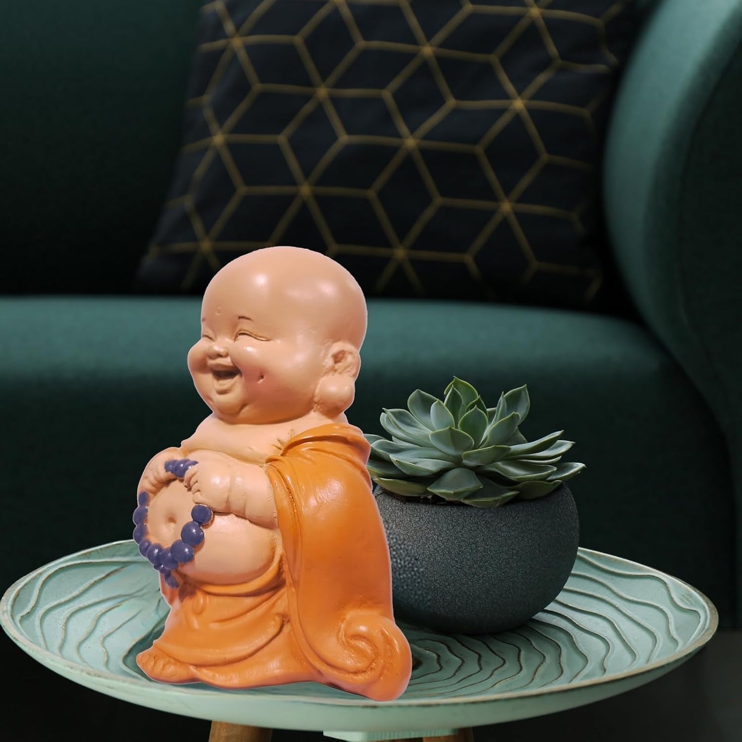 Socha smějícího se Buddhy s růžencem - Inspirativní a veselá figurka - Talisman pro štěstí plný pozitivity - Roztomilý a duchovní tip na dárek - -V 10 cm - Sochy a sochy Zen'Light Naty Shop