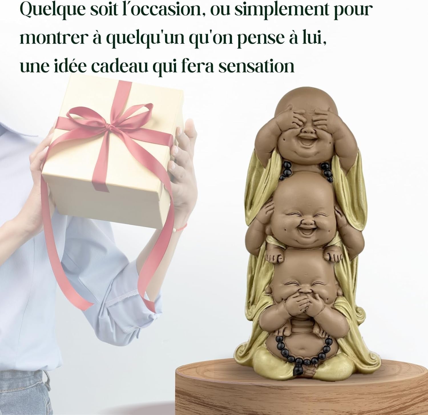 Socha 3 Smějící se Buddhové - Nic nevidět - Nic neslyšet - Nic neříkat - Baby Buddha Symbolický soubor - Pokojná a radostná nálada - Zen dekor -V 18 cm - Zen'Light Sošky a sochy Naty Shop