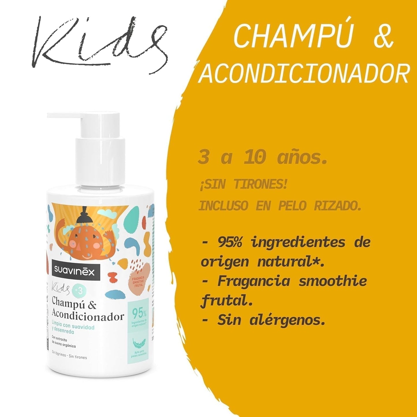 Suavinex, pečující šampon pro děti od 3 do 10 let, bez alergenů, bez parabenů, bez silikonů, vhodný pro citlivou pokožku, netrhá a netahá, 95 % ingrediencí přírodního původu, Dětská koupel a péče o pleť Naty Shop
