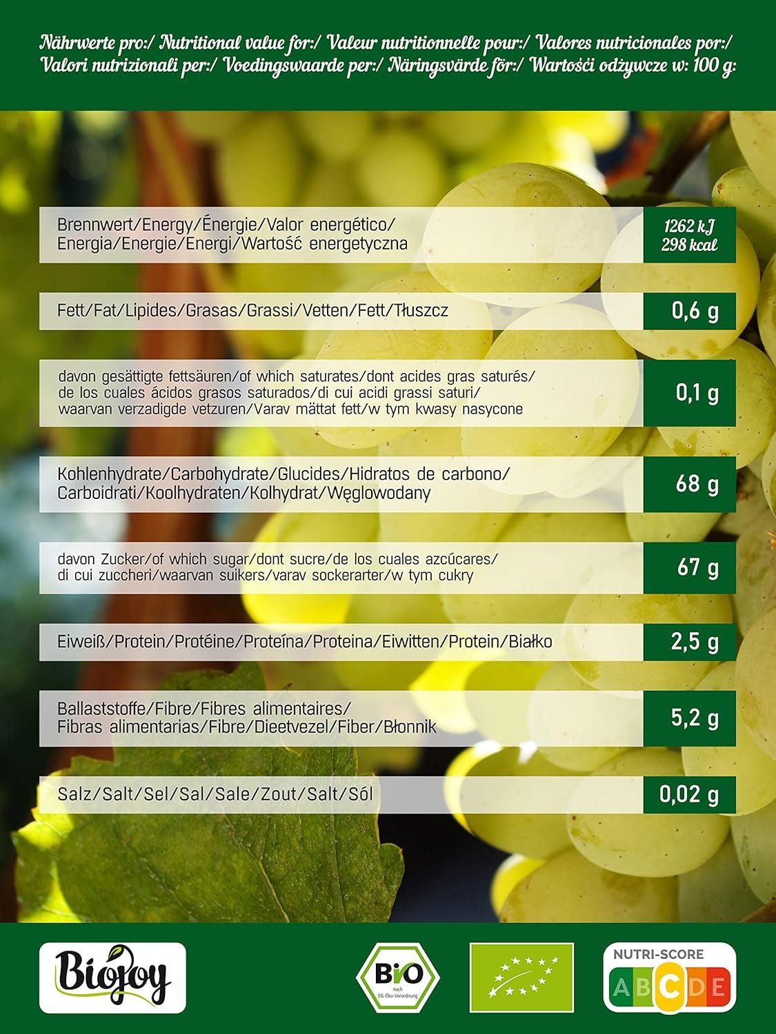 Biojoy bio sultánky (500 g), sušené a nesířené Naty Shop dehydratované produkty