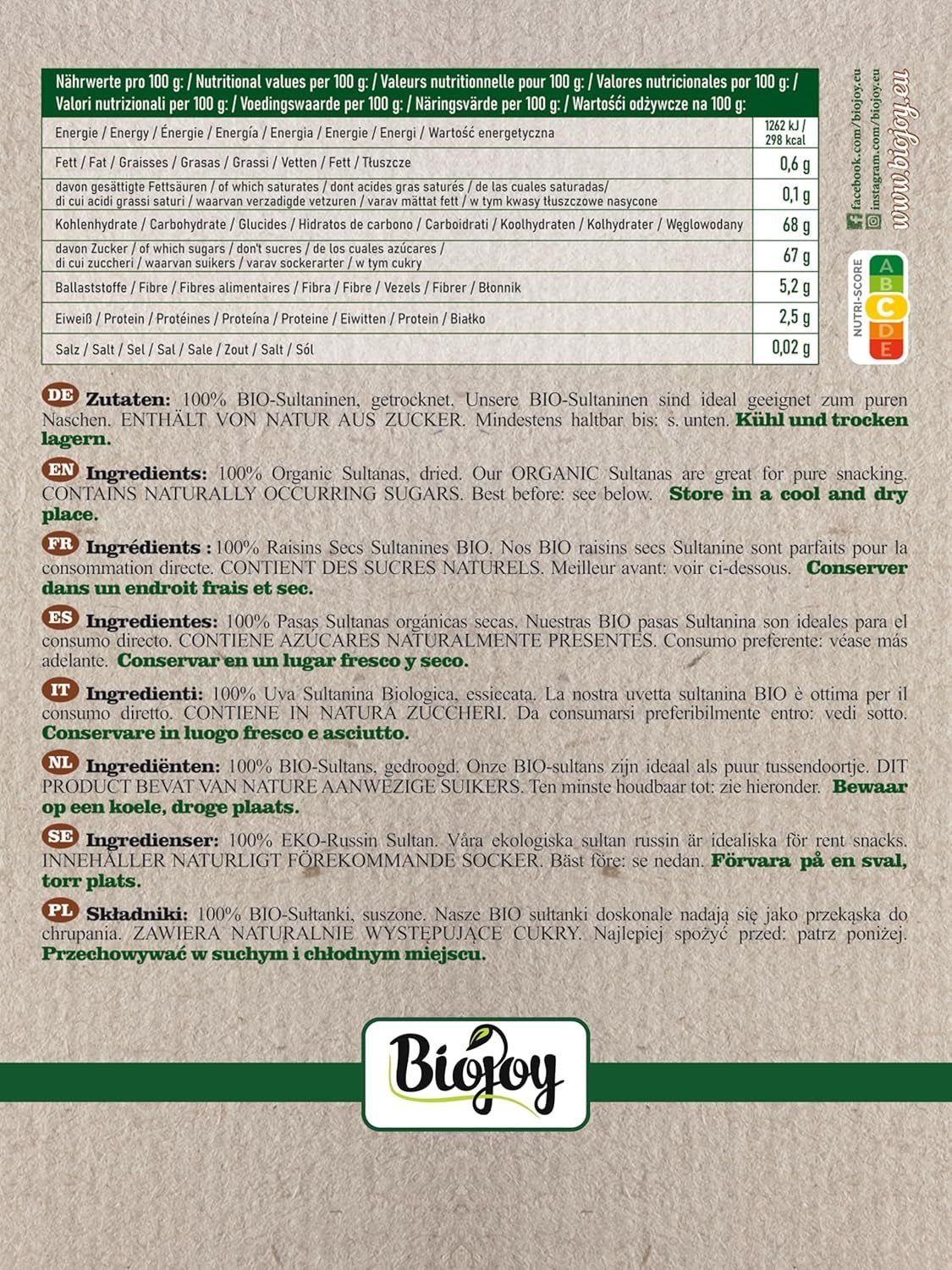 Biojoy bio sultánky (500 g), sušené a nesířené Naty Shop dehydratované produkty