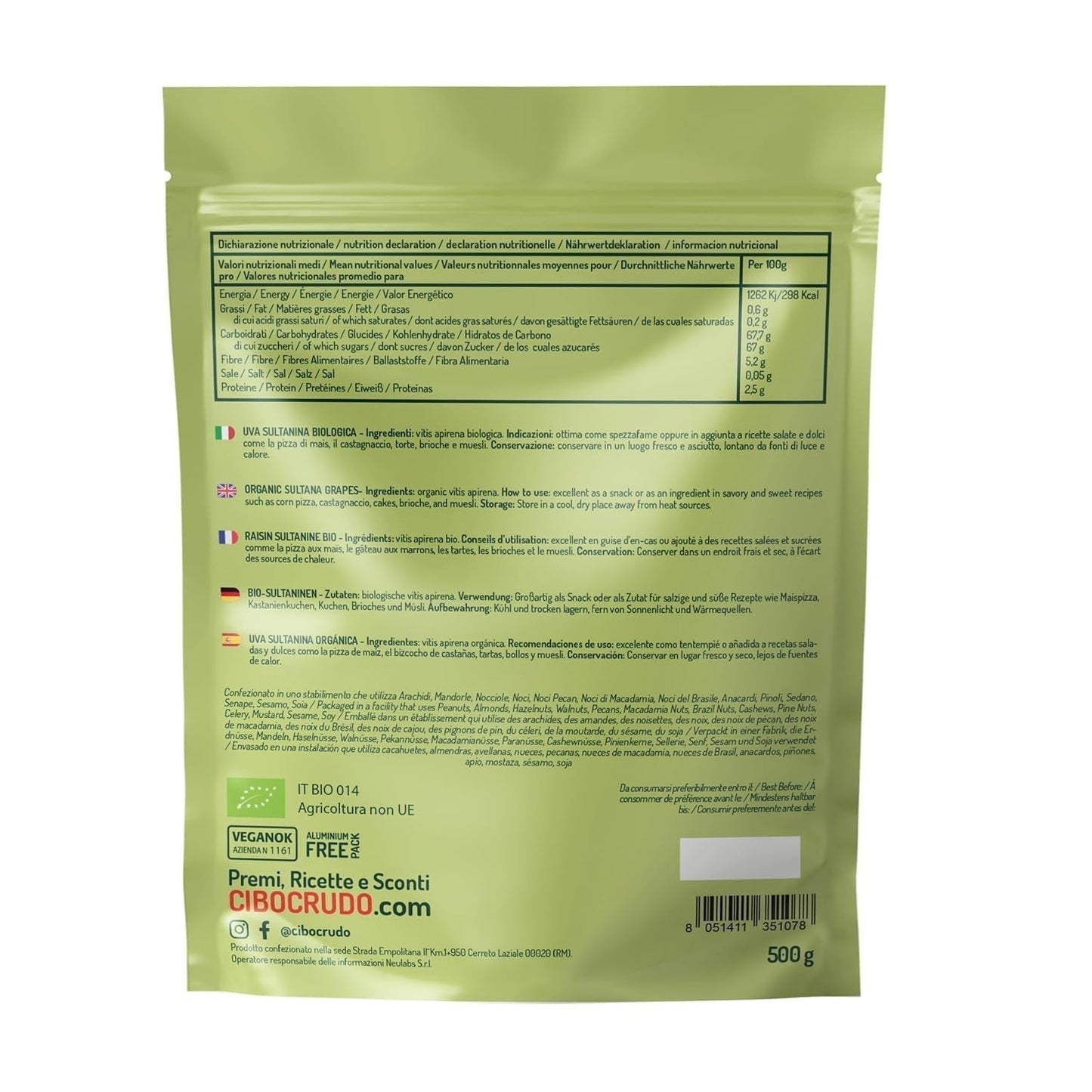 Bio sirné sultánky - 500 g. Dehydrované a syrové. Dehydrované sultánky bez přidaného cukru ke konzumaci jako svačiny nebo dezerty. Dehydrované produkty Naty Shop