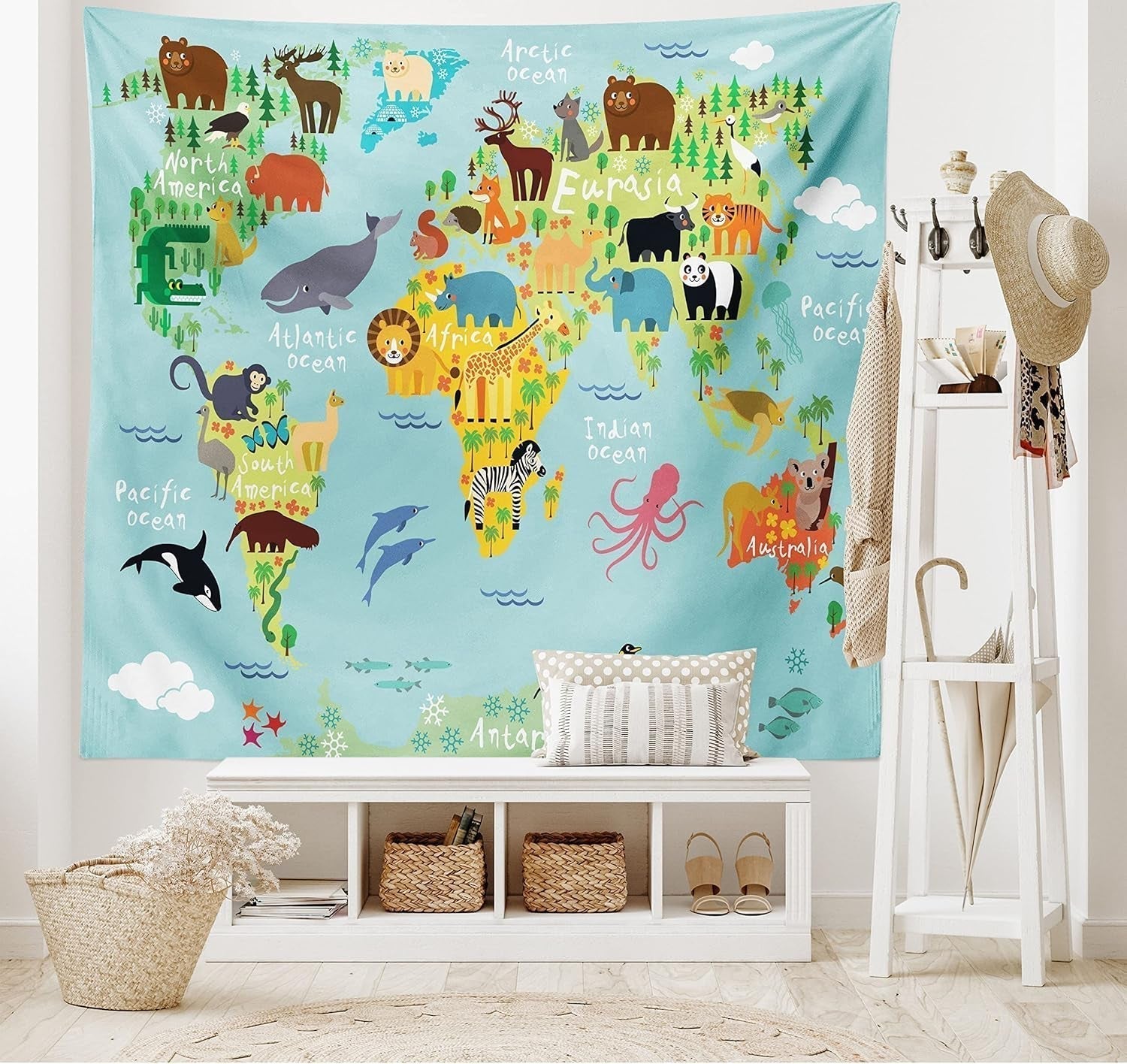 Tapiserie abakuhaus toulky zvířecí svět mapy kresby Home - Doplňky a dekorace Naty Shop Světle modrá Žlutozelená 150L X 110B Cm