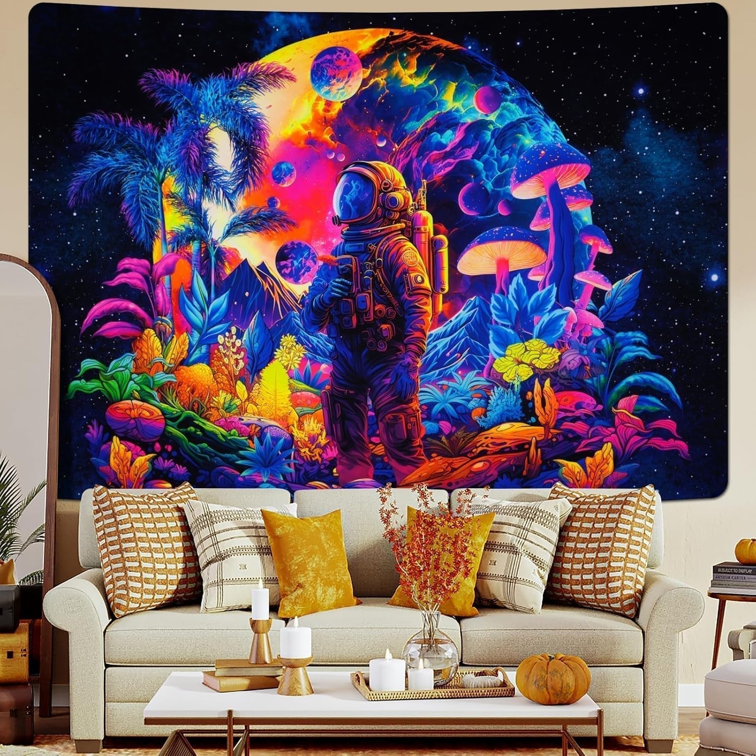 Tapiserie alishomtll černé světlo astronaut houba fluorescenční botanická Home - Příslušenství a dekorace Naty Shop