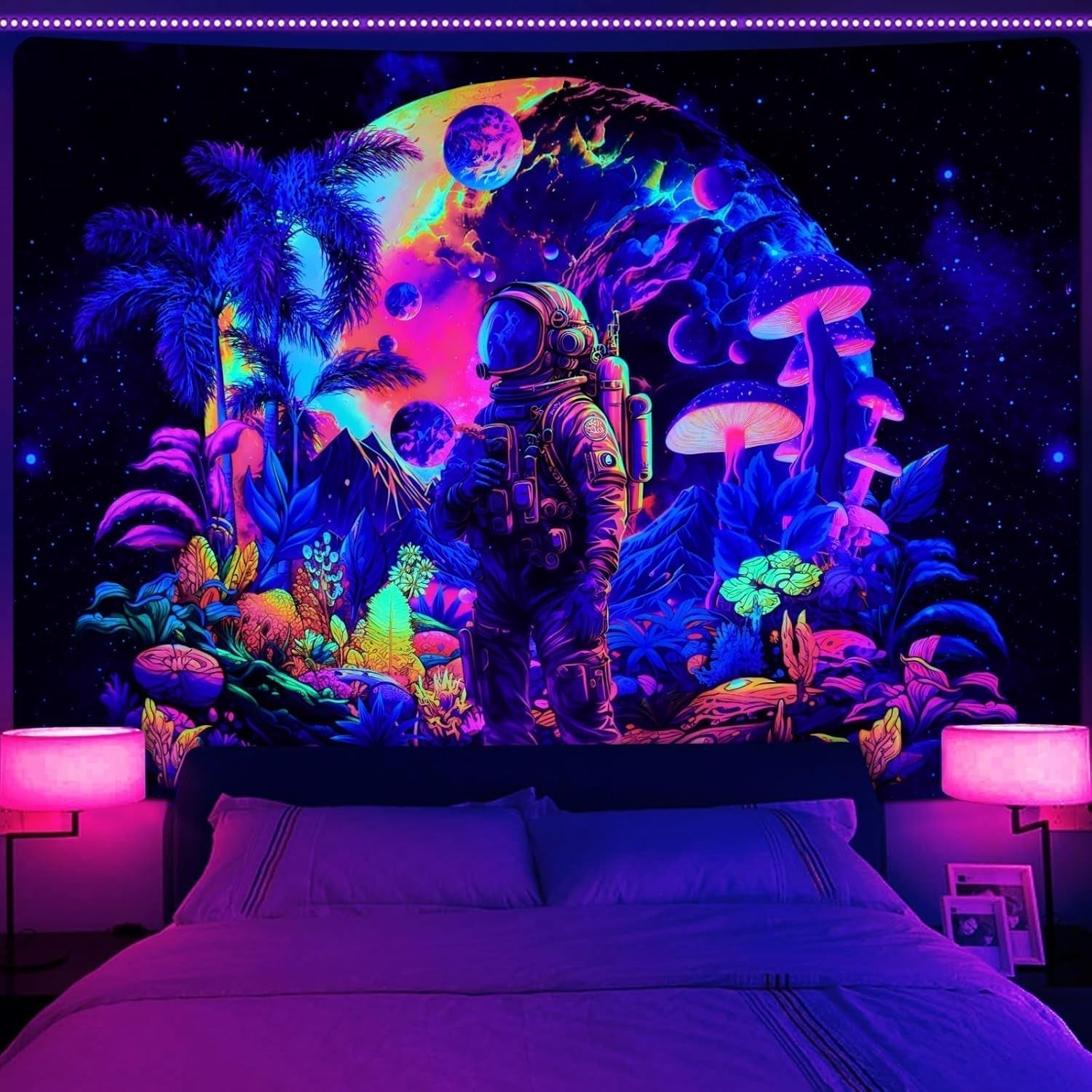 Tapiserie alishomtll černé světlo astronaut houba fluorescenční botanická Home - Příslušenství a dekorace Naty Shop Multi 210L X 150B Cm