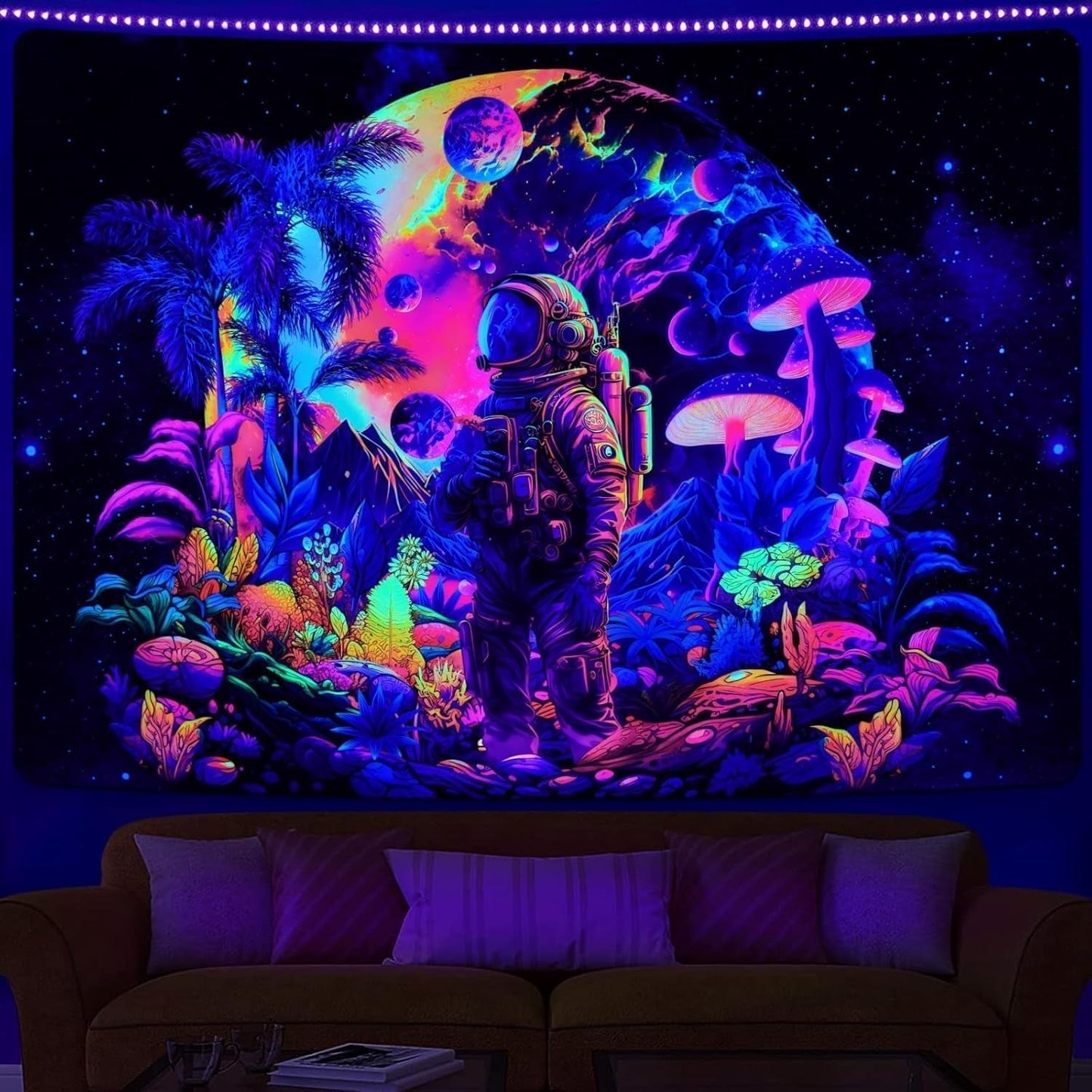 Tapiserie alishomtll černé světlo astronaut houba fluorescenční botanická Home - Příslušenství a dekorace Naty Shop