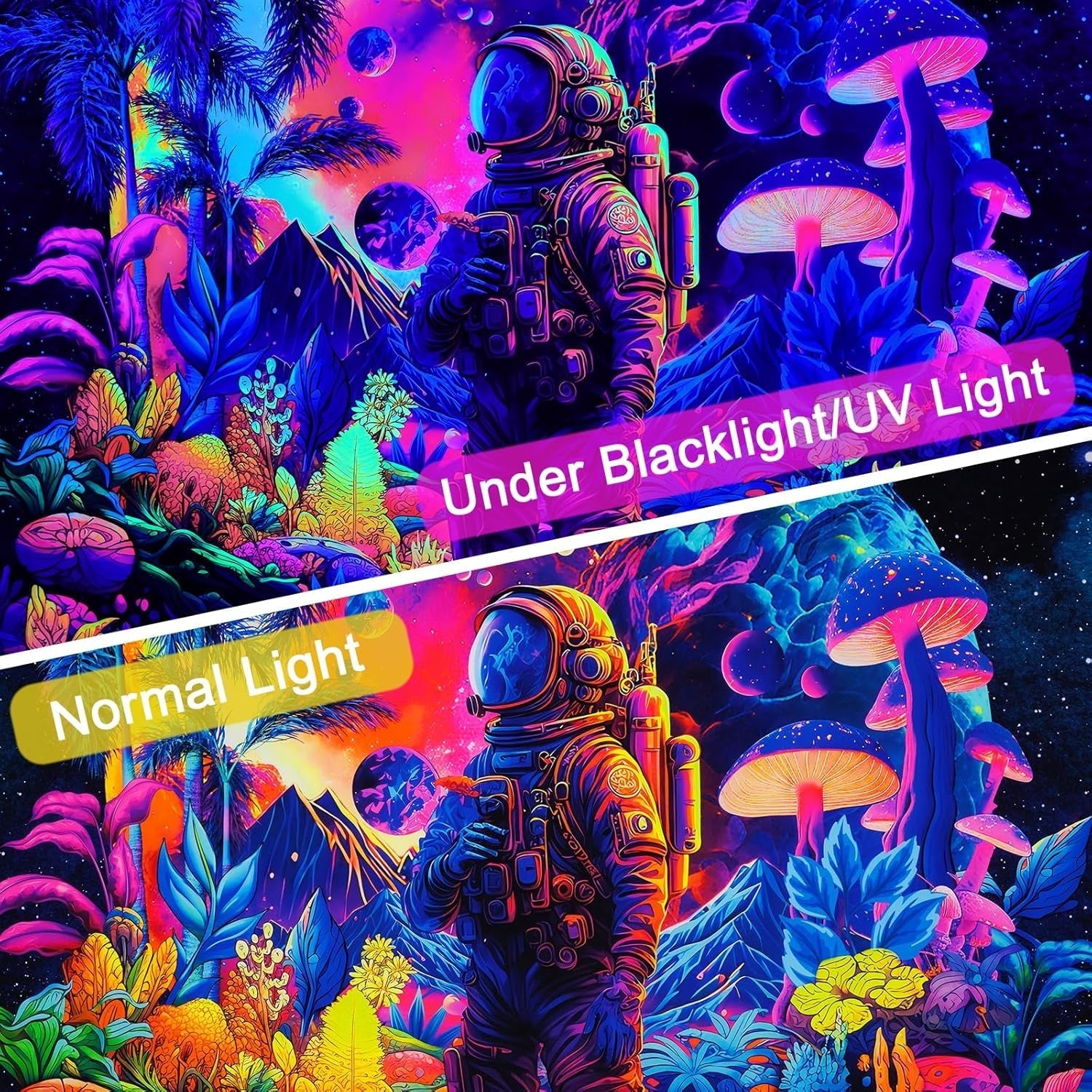 Tapiserie alishomtll černé světlo astronaut houba fluorescenční botanická Home - Příslušenství a dekorace Naty Shop
