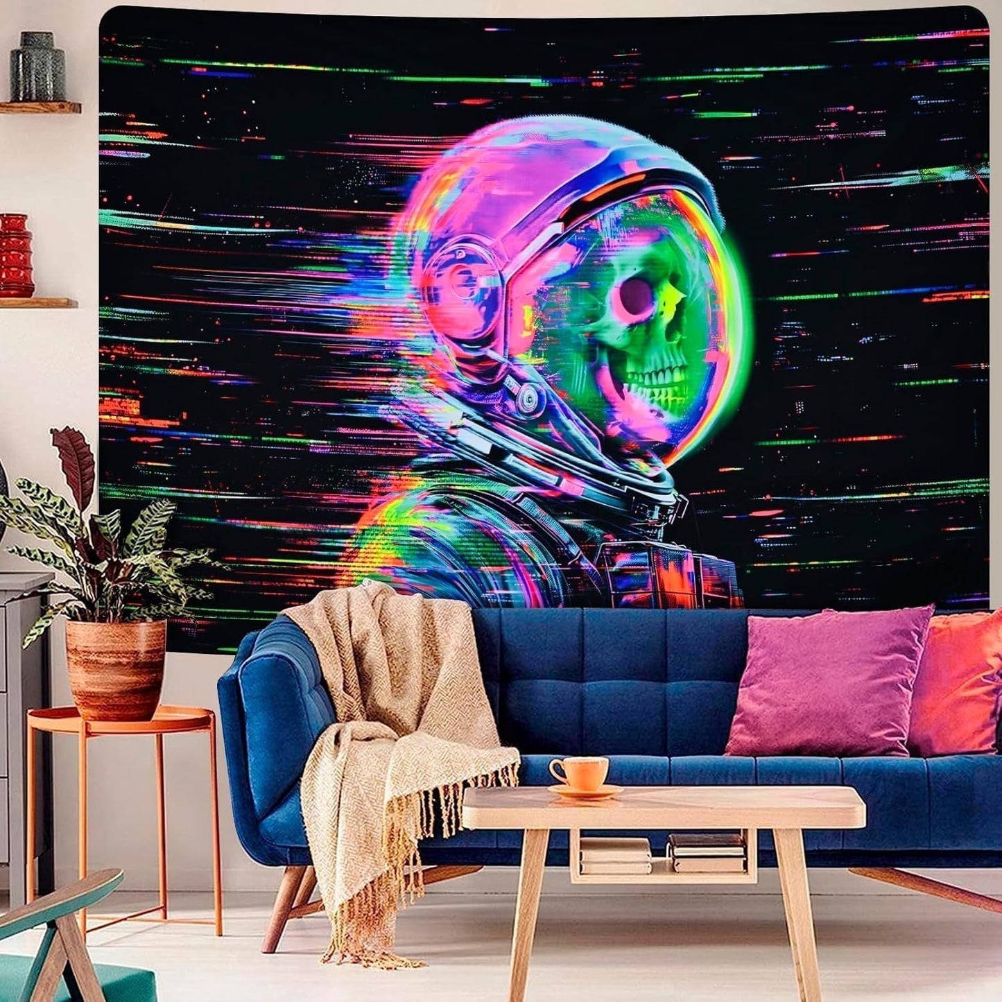 Tapiserie alishomtll fluorescenční lebka astronaut černé světlo Domů - Příslušenství a dekorace Naty Shop