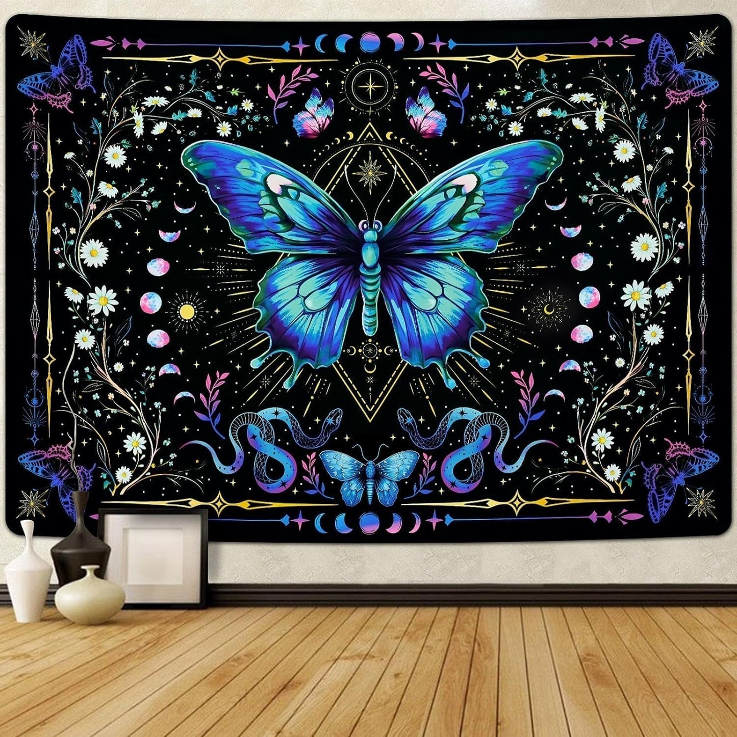 Tapiserie alishomtll motýl fáze měsíce květinová sedmikráska černá Domů - Příslušenství a dekorace Naty Shop Multi 210L X 150B Cm