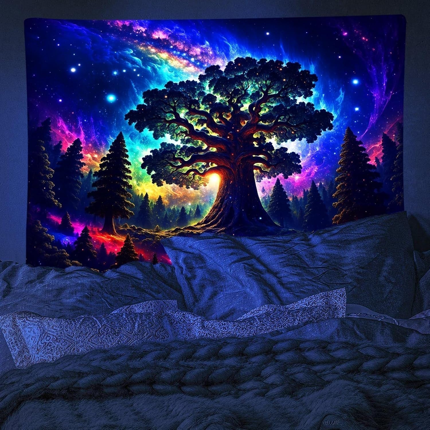 Tapiserie blacklight les psychedelická příroda strom hvězdy galaxie Home - Doplňky a dekorace Naty Shop