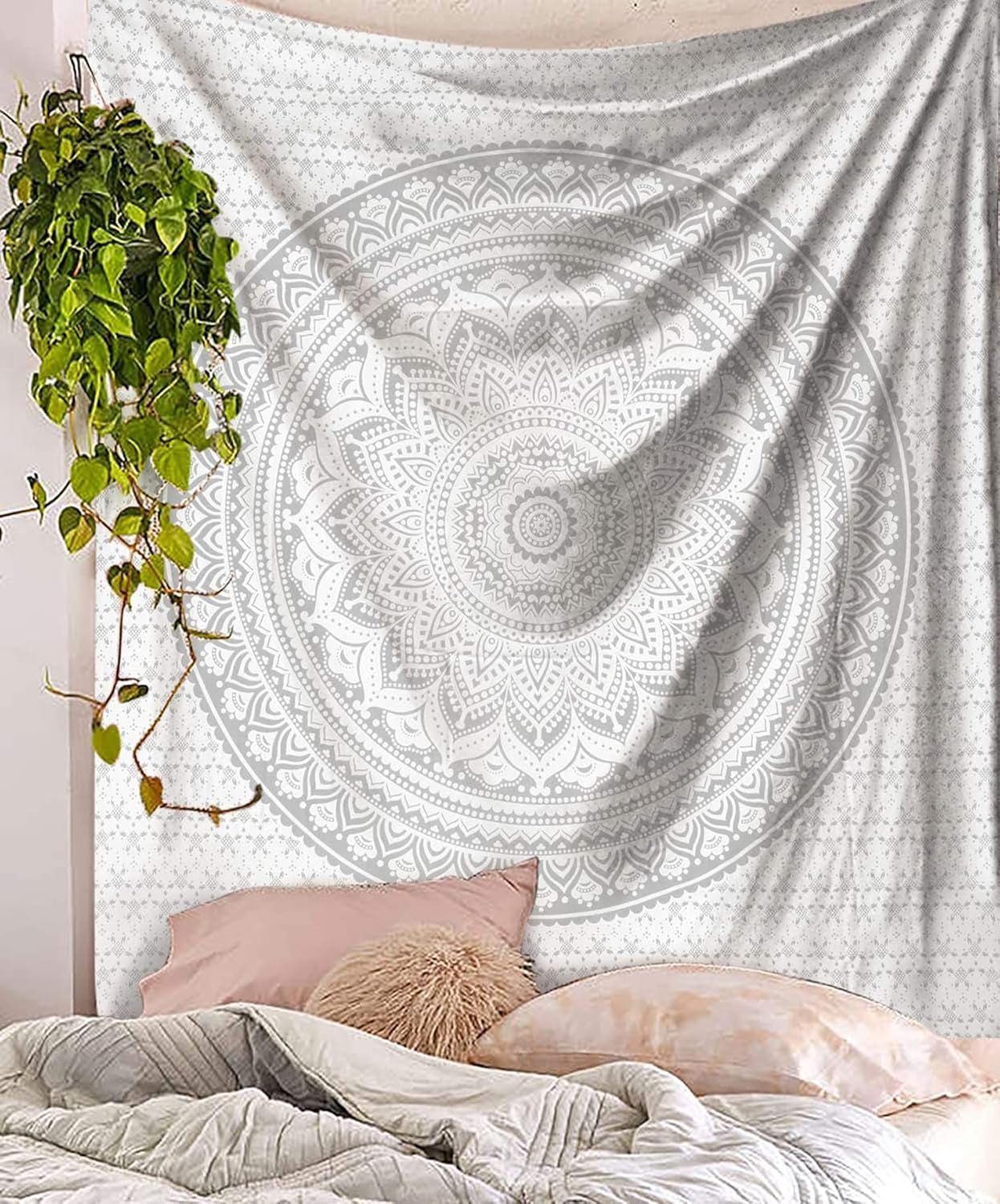 Indický gobelín mandala stříbrná bílá pokojová estetická plátna Home - Doplňky a dekorace Naty Shop