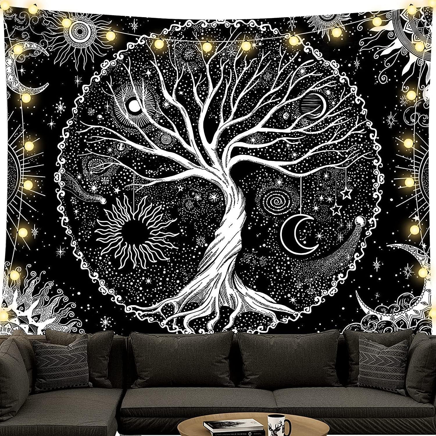 Gobelín černobílý strom života gobelín měsíční fáze Domů - Doplňky a dekorace Naty Shop Strom života 150L X 130B Cm
