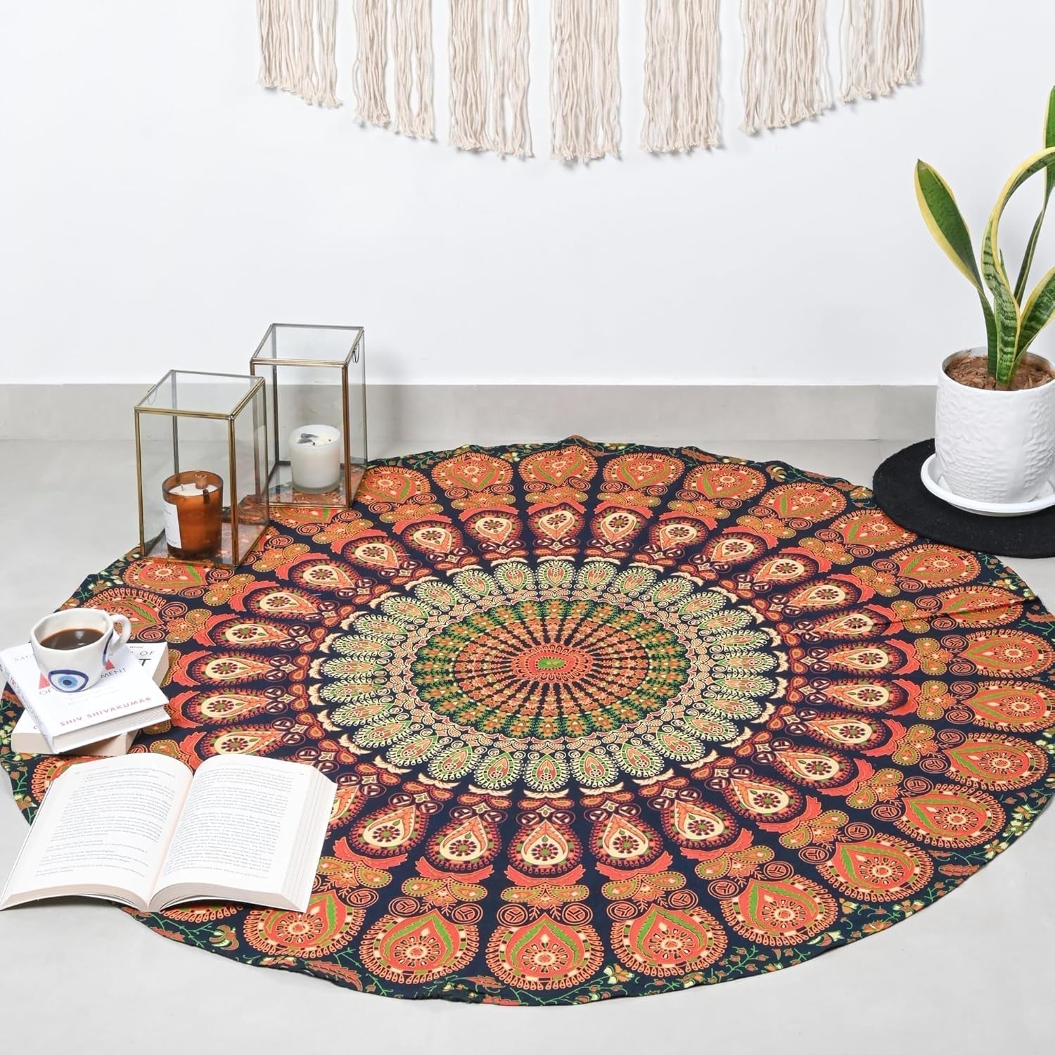 Kulatý gobelín paví mandala centimetry roundie hippie obličej Home - Doplňky a dekorace Naty Shop Goldgreen 121,9L X 121,9B Cm