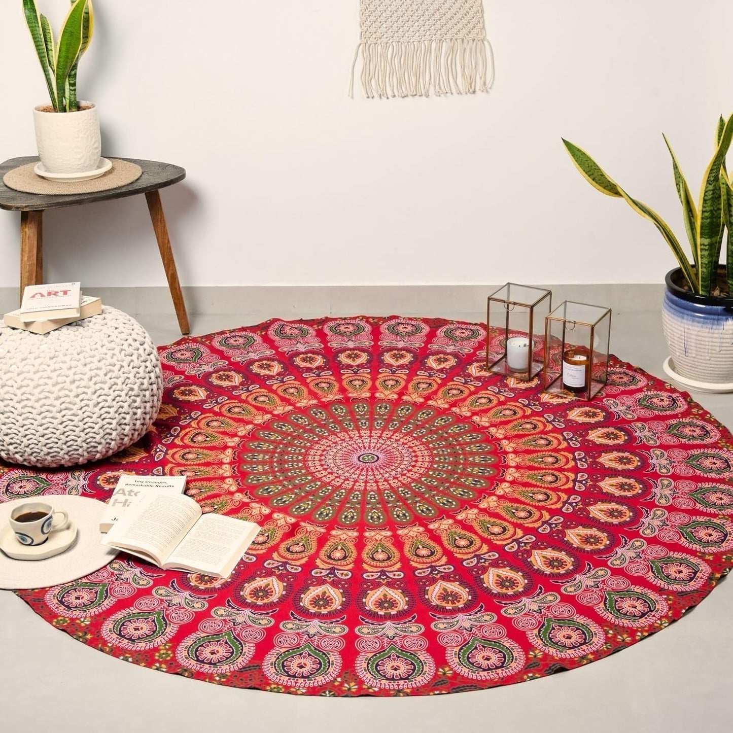 Kulatý gobelín paví mandala centimetry roundie hippie dívka Casa - Doplňky a dekorace Naty Shop Zlatá červená D-72"