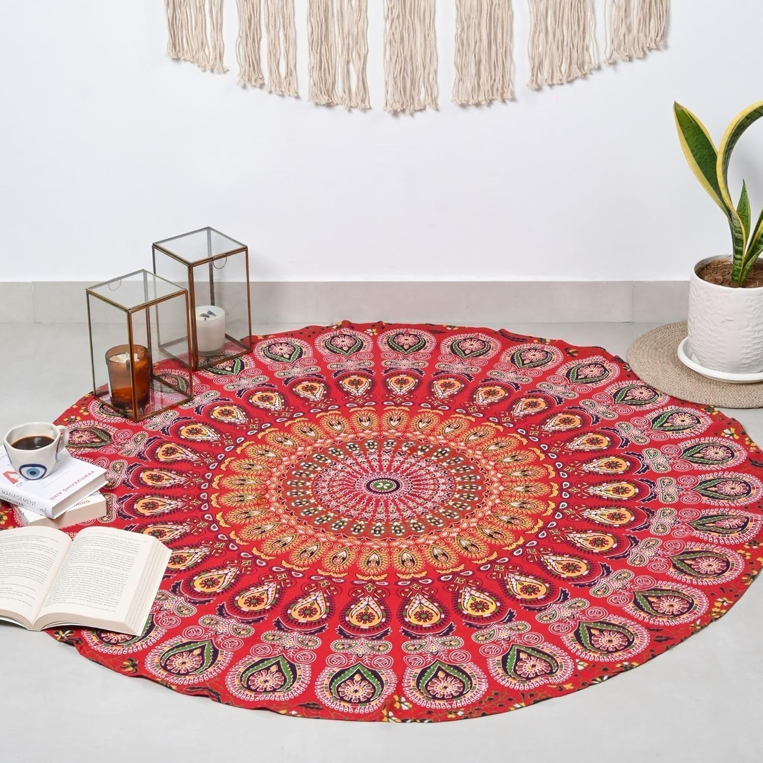 Kulatý gobelín paví mandala centimetry roundie hippie dívka Casa - Doplňky a dekorace Naty Shop Zlatá červená D-48"