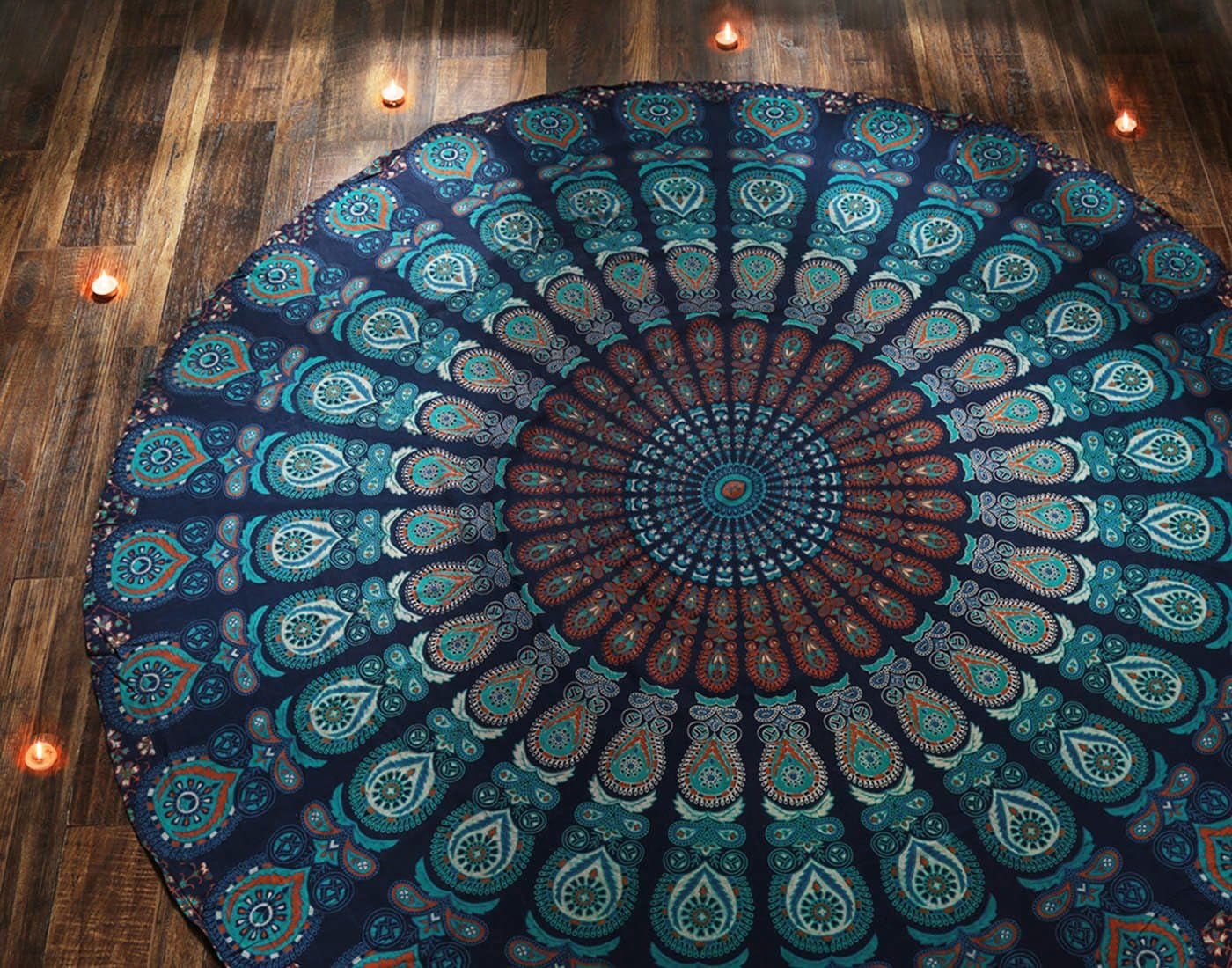 Kulatý gobelín paví mandala centimetry roundie hippie přední Home - Doplňky a dekorace Naty Shop