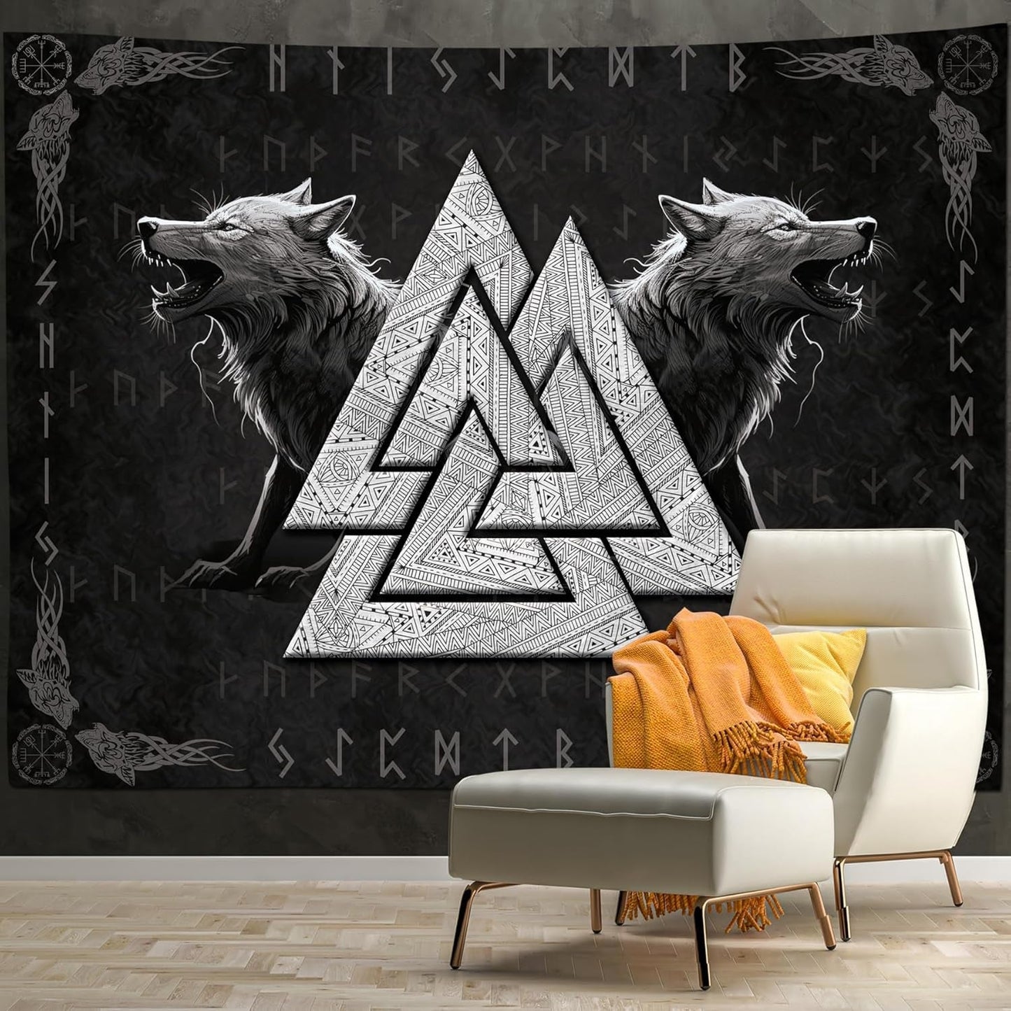 Gobelín vikingský vlčí totem černé bílé meditační runy Home - Doplňky a dekorace Naty Shop