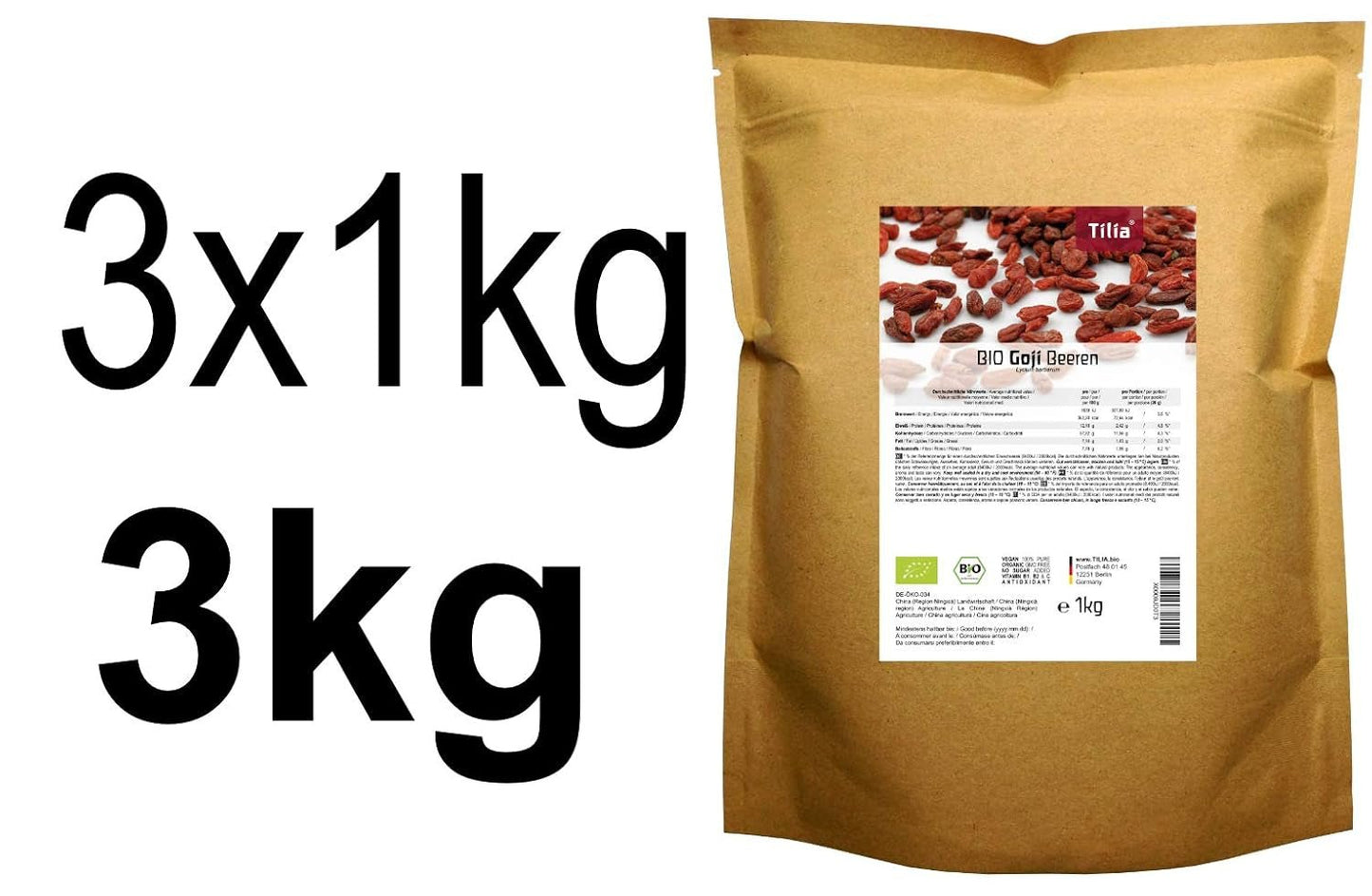 Tilia BIO Goji bobule 1 kg Naty Shop dehydratované produkty 1 kg (balení 3 ks)