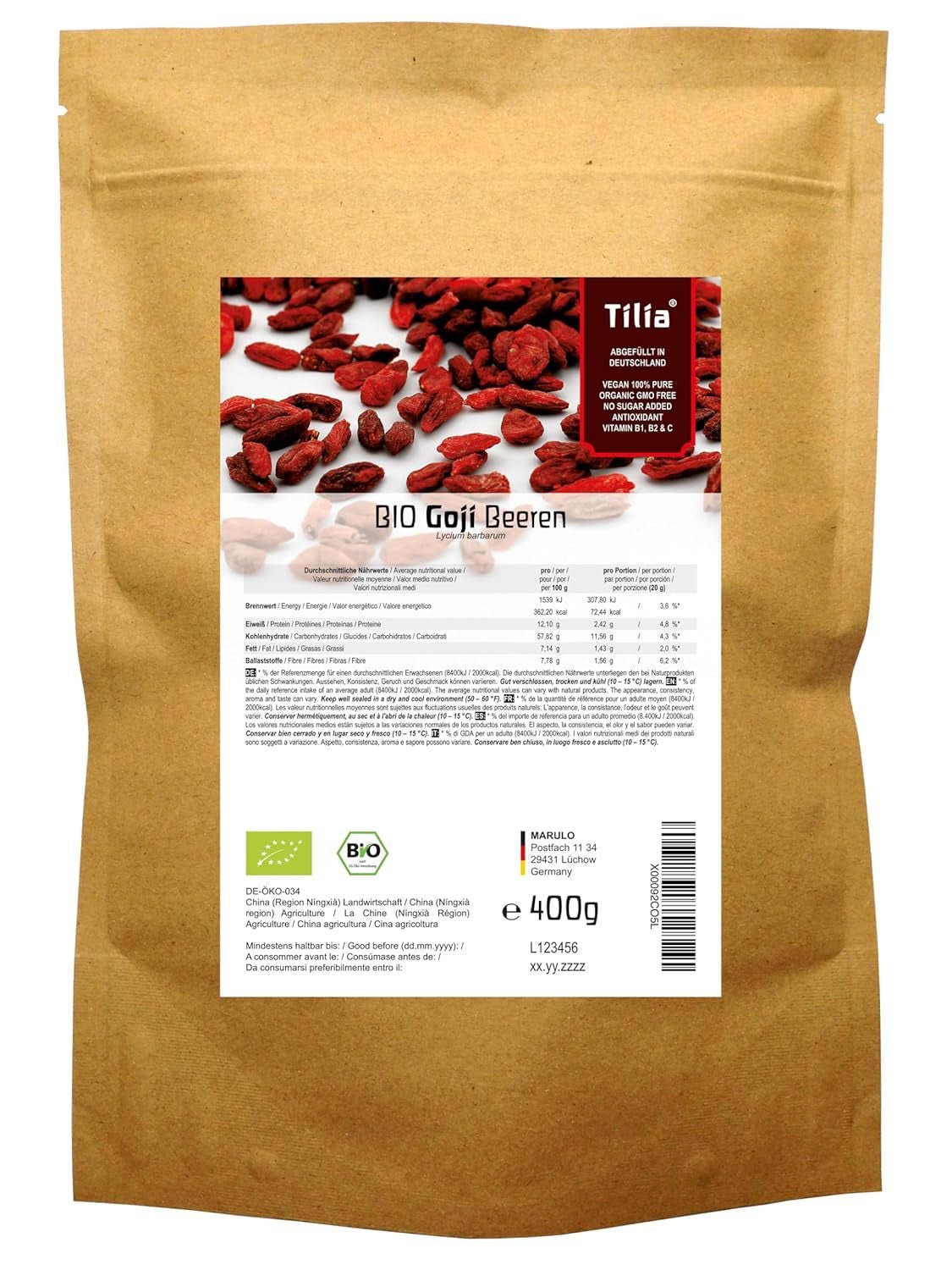 Tilia BIO Goji bobule 1 kg Naty Shop dehydratované produkty 400 G (1 balení)