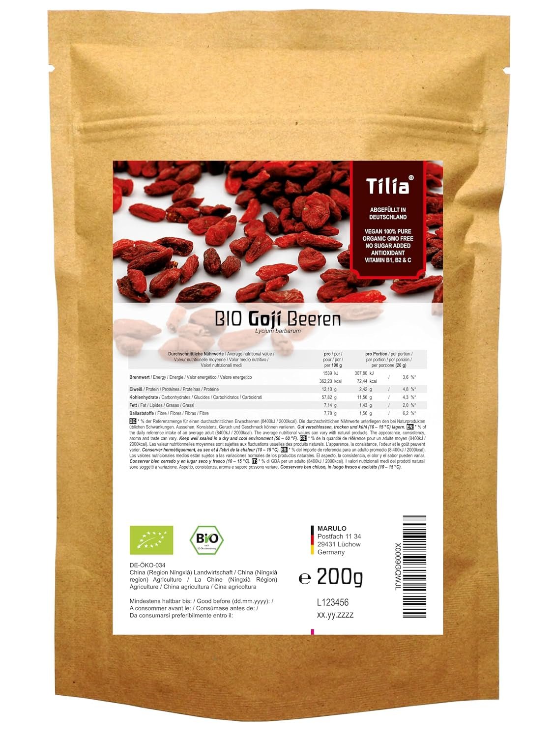 Tilia BIO Goji bobule 1 kg Naty Shop dehydratované produkty 200 G (1 balení)