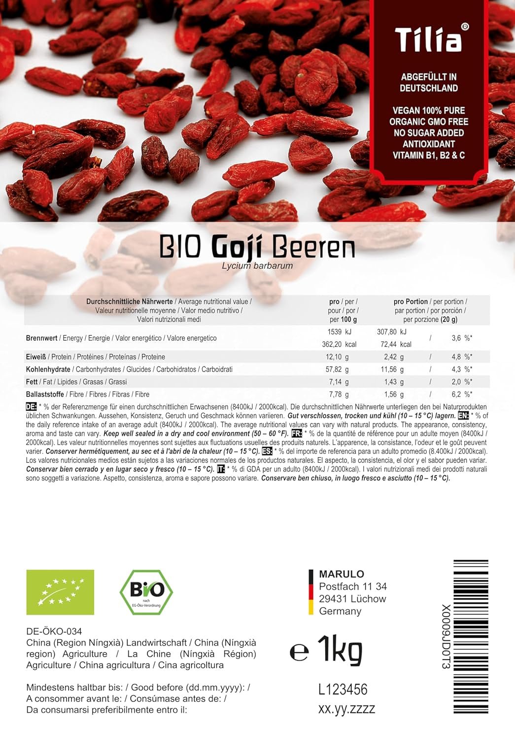 Tilia BIO Goji bobule 1 kg Dehydrované produkty Naty Shop