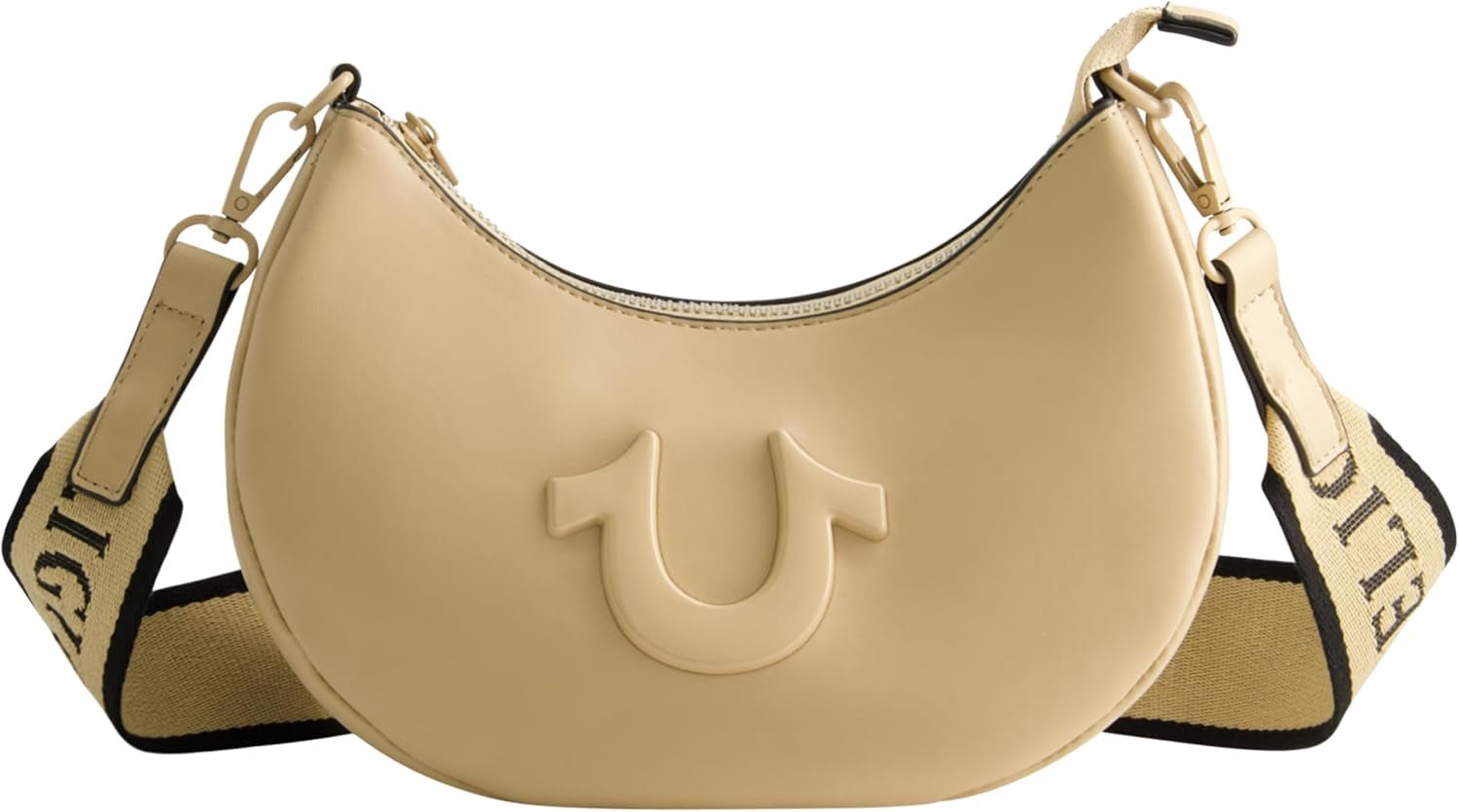 Dámská kabelka přes rameno True Religion, kabelka Crescent Hobo s nastavitelným odnímatelným popruhem a logem podkovy Dámské tašky Naty Shop Camel