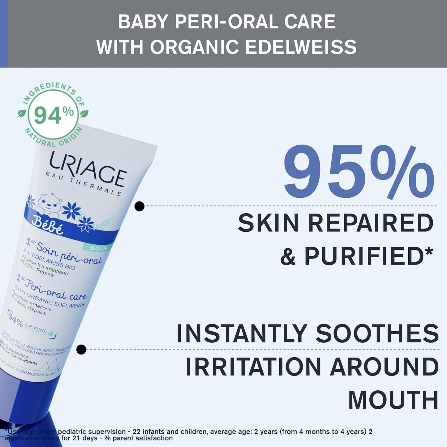 Uriage Baby Peri-Oral Care s organickým vzácným bílým a měděným zinkem 30 ml - Okamžitě zklidňuje podráždění - Opravuje a čistí pokožku - Rychle se vstřebává - Bez parfemace - 94 % složek přírodního původu Děti - Koupel a péče o pleť Naty Shop