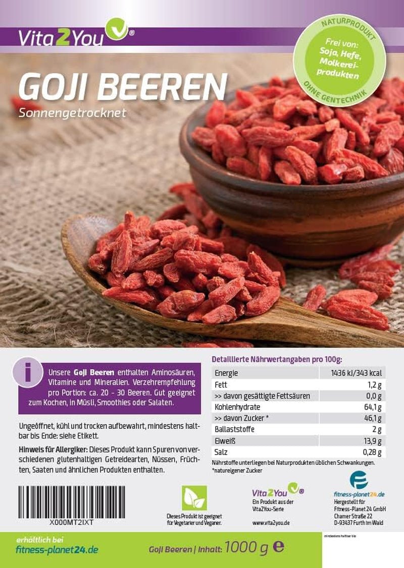 Vita2You Goji bobule 1kg - vlčí bobule - sušené na slunci - nesířené a bez přísad - 1000g - sáček na zip - prémiová kvalita Dehydrované produkty Naty Shop