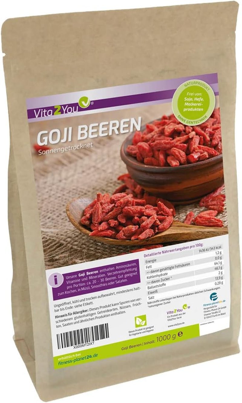 Vita2You Goji bobule 1kg - vlčí bobule - sušené na slunci - nesířené a bez přísad - 1000g - sáček na zip - prémiová kvalita Dehydrované produkty Naty Shop Výchozí název