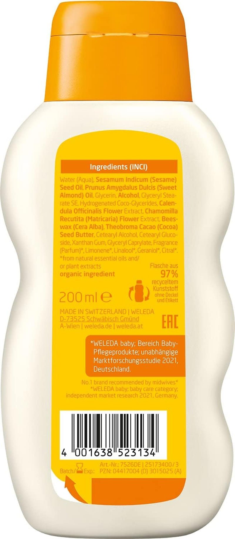 WELEDA Organic Baby Calendula Care Milk - Přírodní kosmetické tělové mléko s mandlovým olejem a včelím voskem pro péči a čištění suché dětské pokožky. Jemné pleťové mléko pro miminka a děti (1x 200 ml) Děti - Koupel a péče o pleť Naty Shop