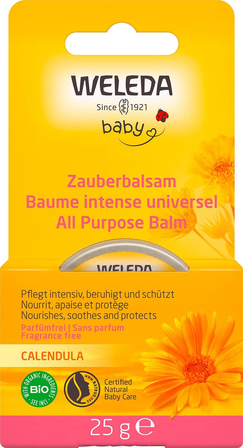 WELEDA Organic Baby Calendula Magic Balm - Univerzální balzám přírodní kosmetiky na obličej a tělo pro péči a zklidnění suché pokožky a rtů. Univerzální bohatý balzám pro miminka a děti (1x 25g) Děti - Koupel a péče o pleť Naty Shop