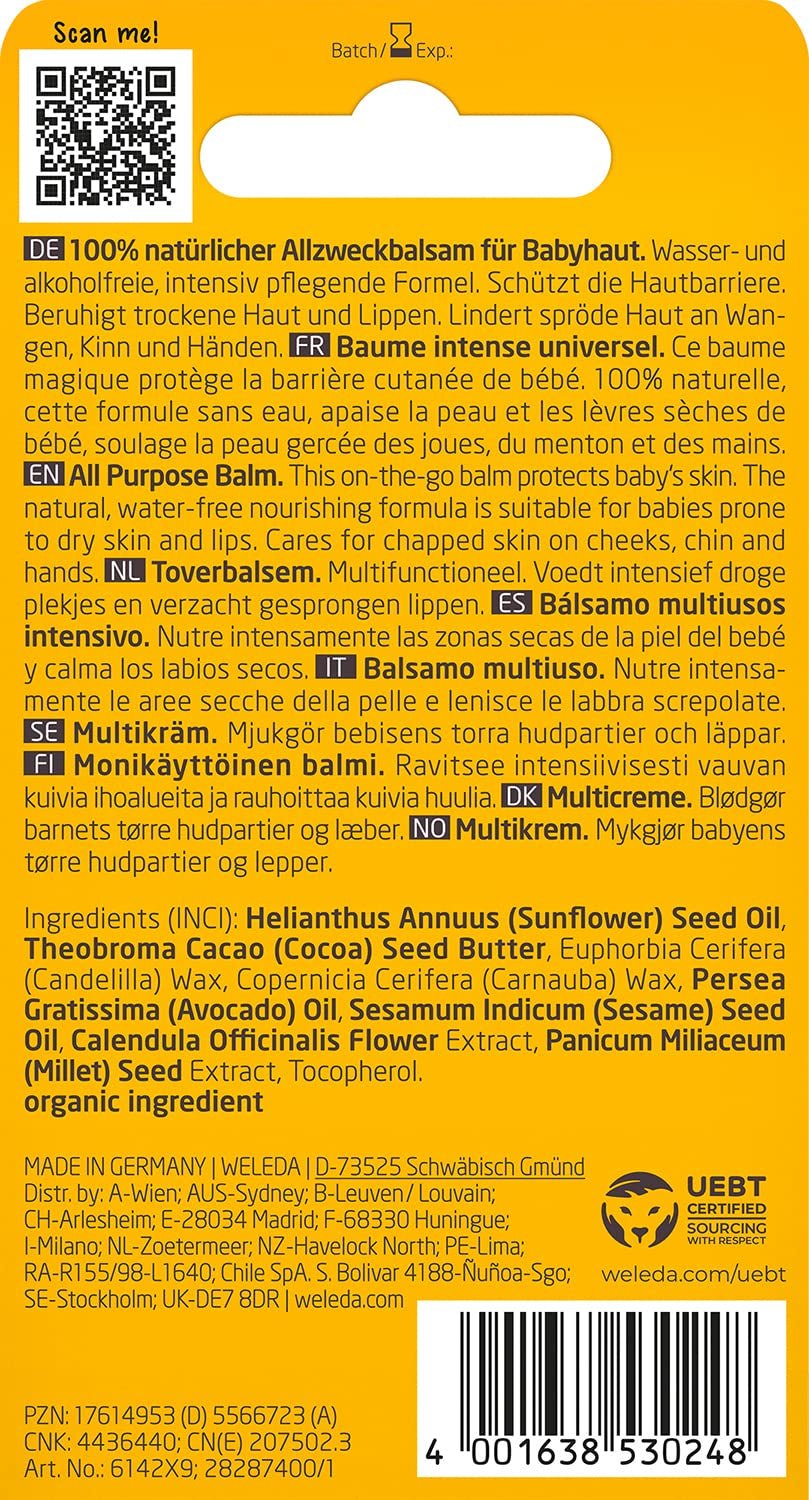 WELEDA Organic Baby Calendula Magic Balm - Univerzální balzám přírodní kosmetiky na obličej a tělo pro péči a zklidnění suché pokožky a rtů. Univerzální bohatý balzám pro miminka a děti (1x 25g) Děti - Koupel a péče o pleť Naty Shop