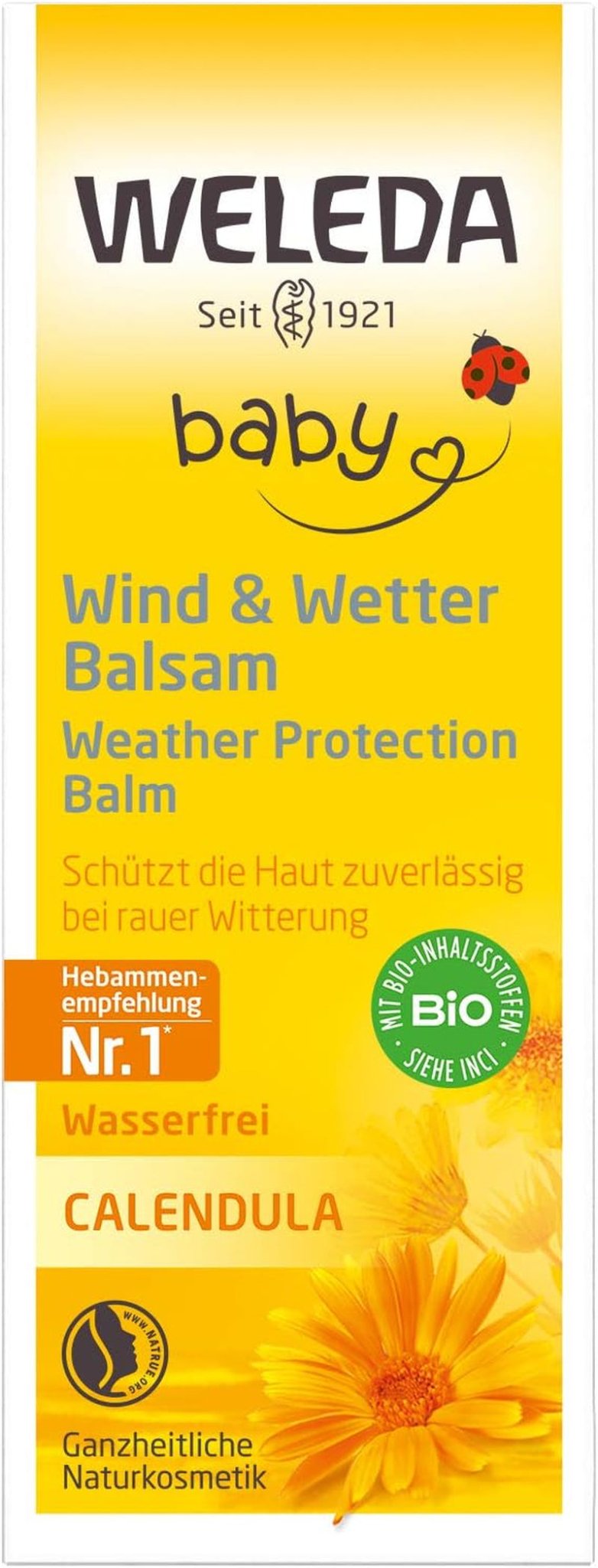 WELEDA Organic Baby Calendula Wind & Weather Balm - Krém na obličej a ruce pro přírodní kosmetiku s mandlovým olejem a sezamovým olejem pro ochranu citlivé a suché pokožky miminka před drsným a chladným počasím (1x 30 ml) Děti - Koupel a péče o pleť Naty Shop