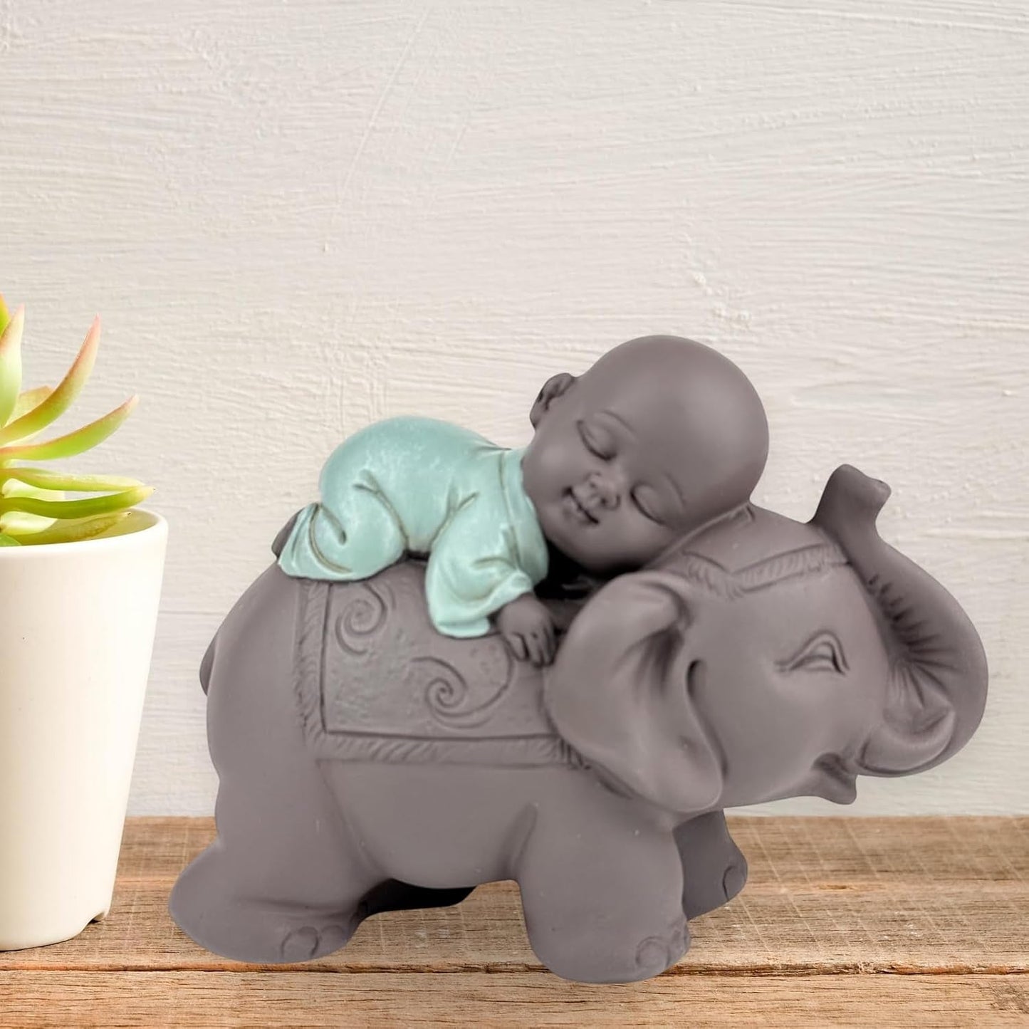 Socha Zen'Light Buddha Bonze Spící na slonovi - Zenová atmosféra ve vašem posvátném prostoru - krásná příznivá postava -V 9,5 cm, Hnědé a zelené Sošky a sochy Naty Shop