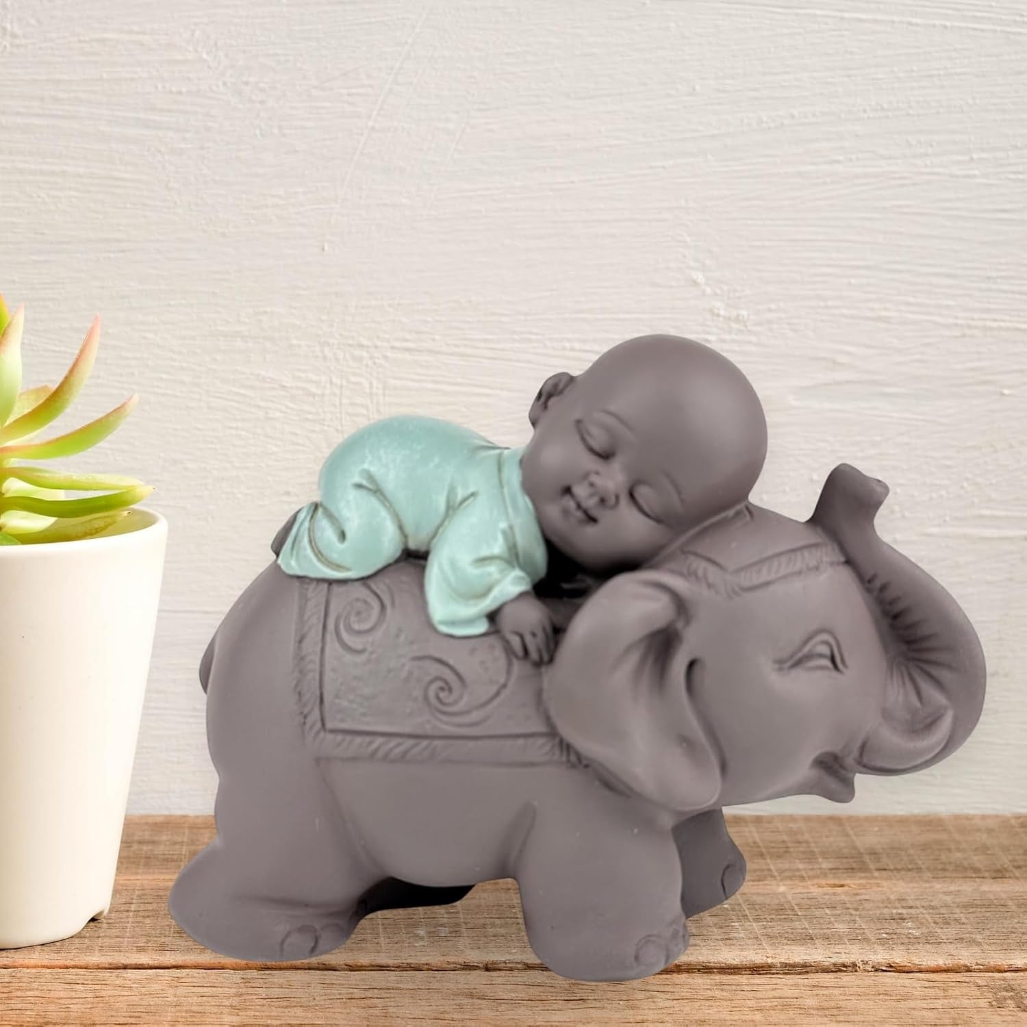Socha Zen'Light Buddha Bonze Spící na slonovi - Zenová atmosféra ve vašem posvátném prostoru - krásná příznivá postava -V 9,5 cm, Hnědé a zelené Sošky a sochy Naty Shop