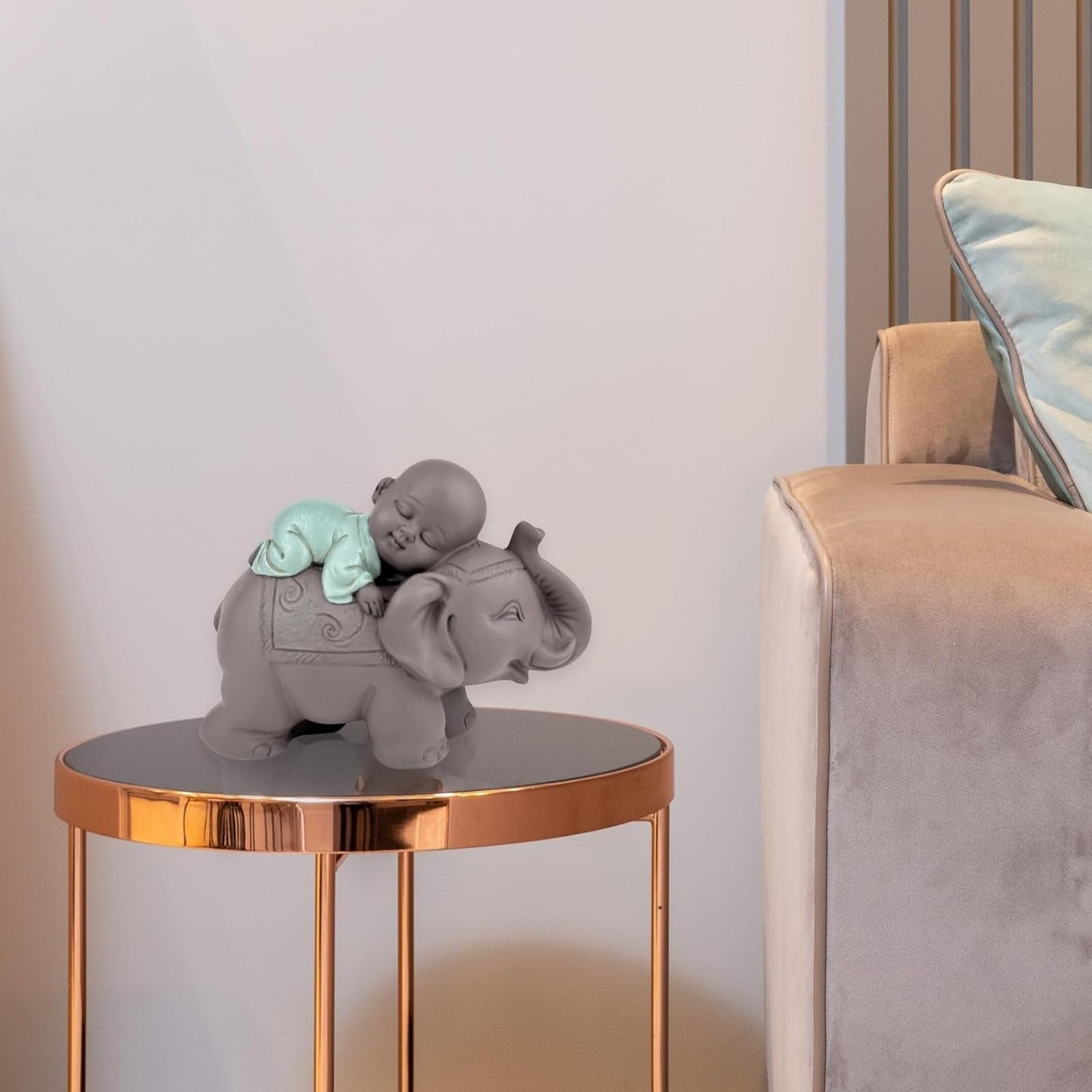 Socha Zen'Light Buddha Bonze Spící na slonovi - Zenová atmosféra ve vašem posvátném prostoru - krásná příznivá postava -V 9,5 cm, Hnědé a zelené Sošky a sochy Naty Shop