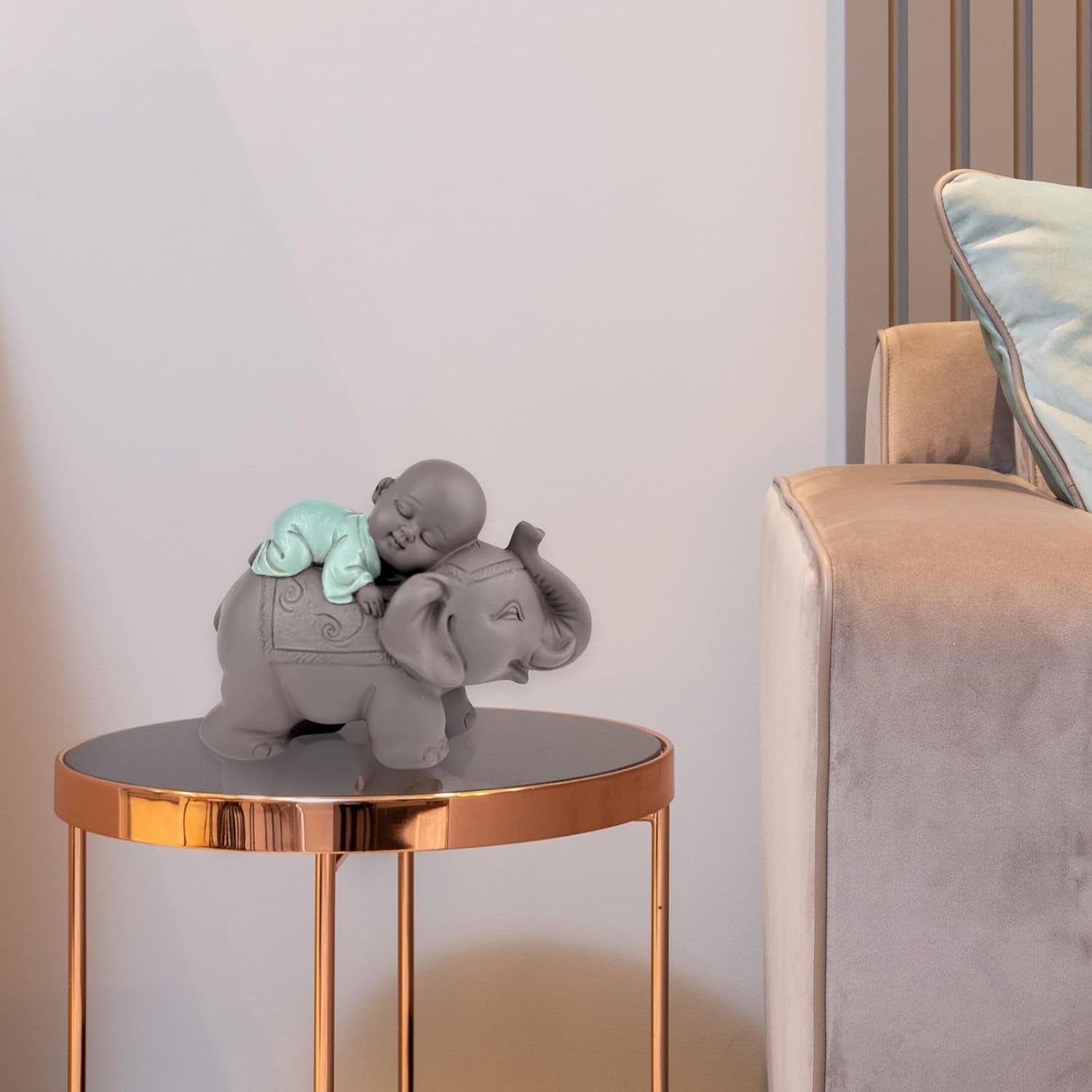 Socha Zen'Light Buddha Bonze Spící na slonovi - Zenová atmosféra ve vašem posvátném prostoru - krásná příznivá postava -V 9,5 cm, Hnědé a zelené Sošky a sochy Naty Shop
