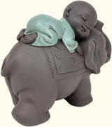 Socha Zen'Light Buddha Bonze Spící na slonovi - Zenová atmosféra ve vašem posvátném prostoru - krásná příznivá postava -V 9,5 cm, Hnědé a zelené Sošky a sochy Naty Shop