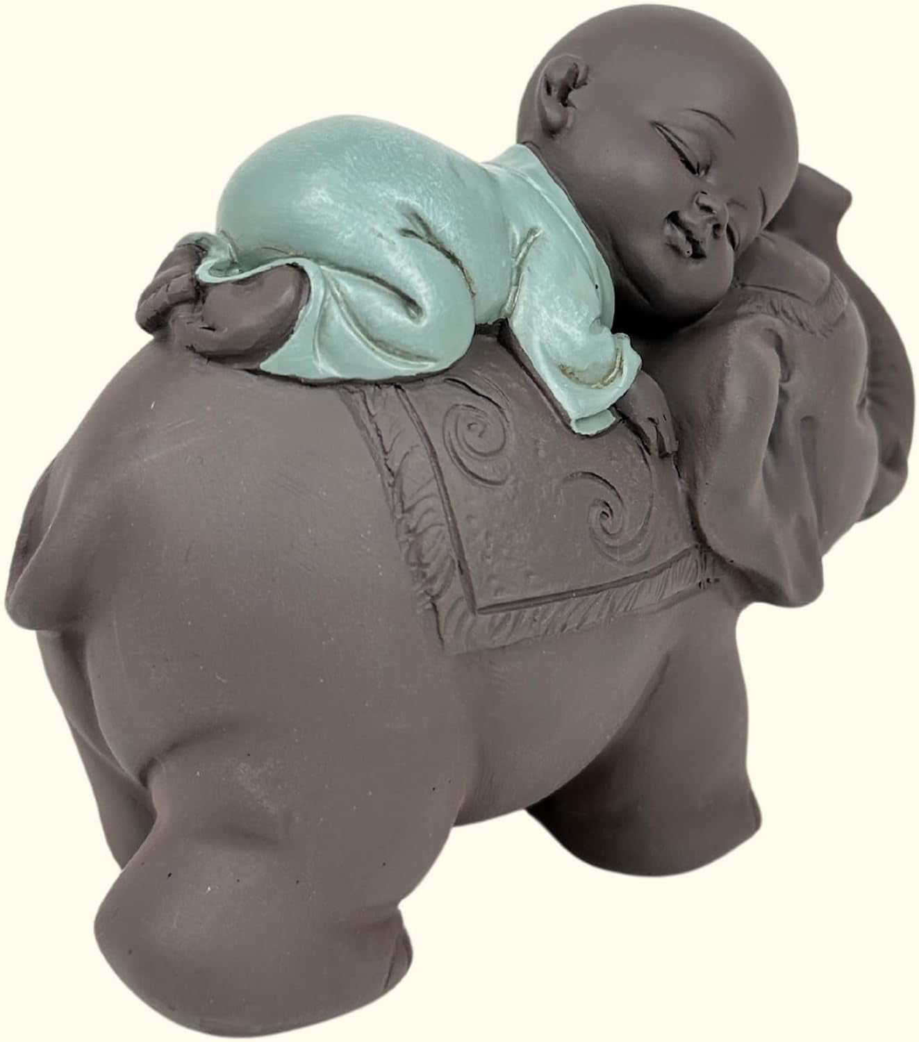 Socha Zen'Light Buddha Bonze Spící na slonovi - Zenová atmosféra ve vašem posvátném prostoru - krásná příznivá postava -V 9,5 cm, Hnědé a zelené Sošky a sochy Naty Shop