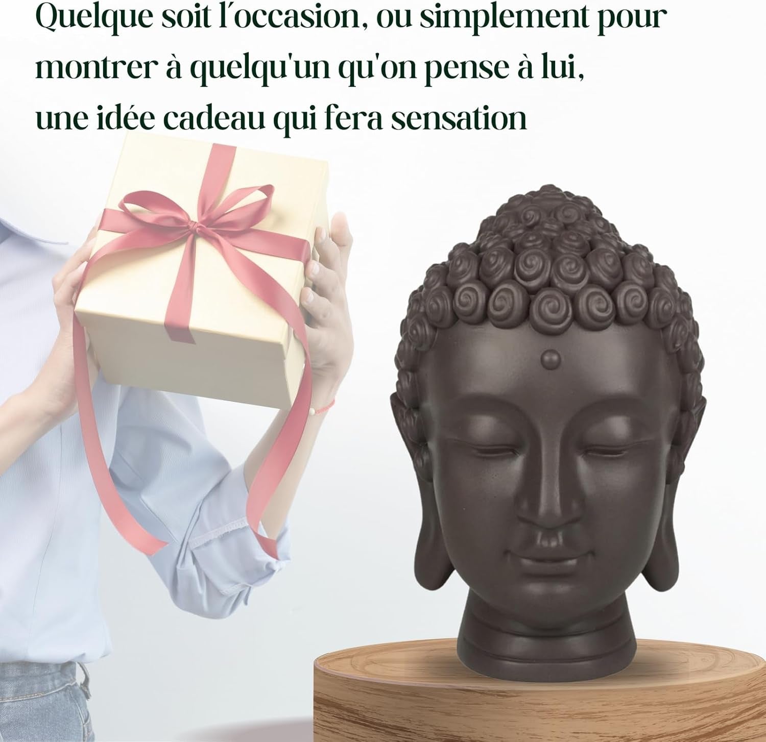Zen'Light - Soška s hlavou Buddhy - Dekorace pro Zen, meditaci a feng shui - Dárek pro relaxační a duchovní atmosféru - Soška Buddhy - Výška: 20 cm - Barva: zelená/hnědá Sošky a plastiky Naty Shop
